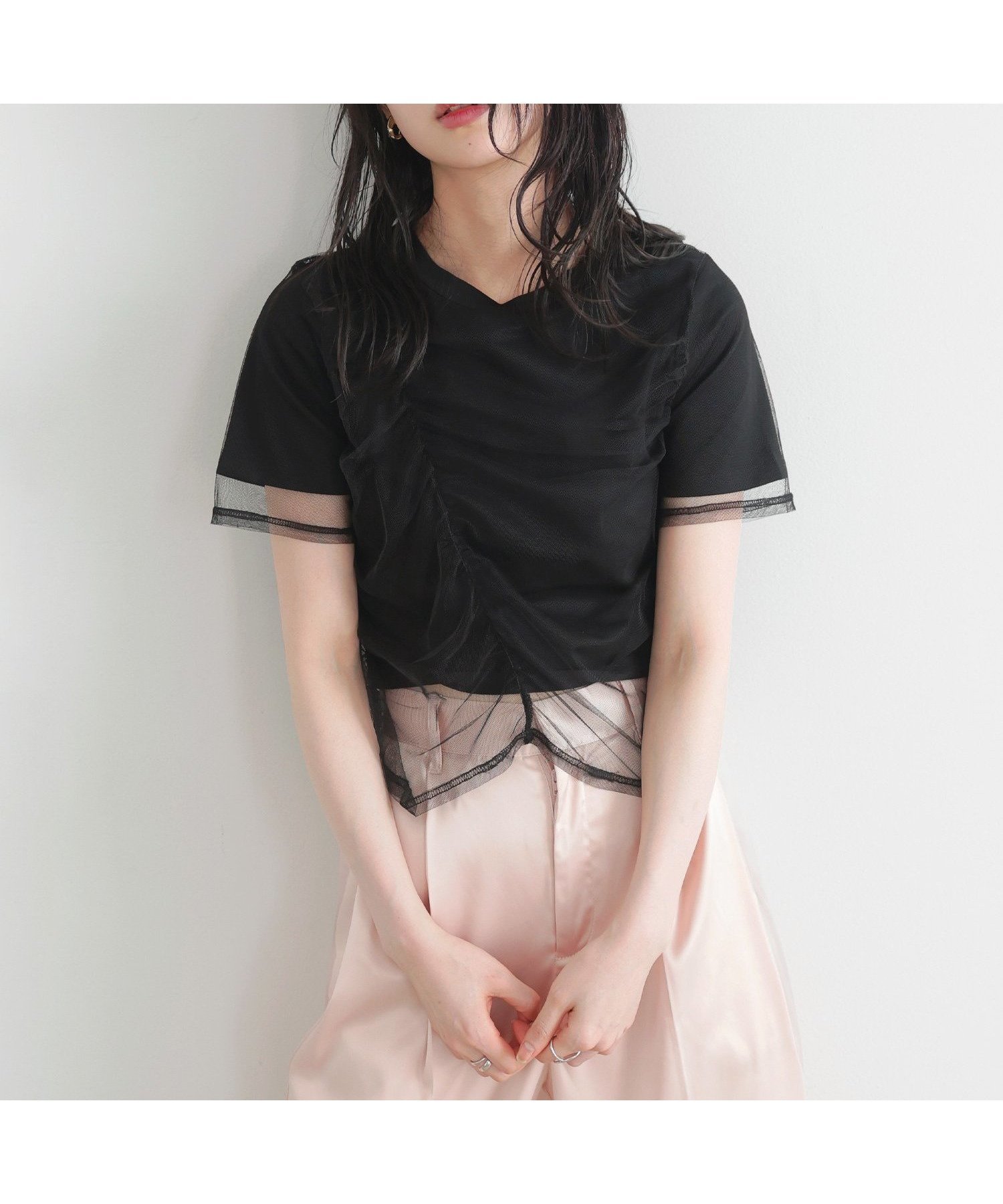 【リアン/Lian】のシャーリングチュールレイヤードTシャツ インテリア・キッズ・メンズ・レディースファッション・服の通販 founy(ファニー) 　ファッション　Fashion　レディースファッション　WOMEN　トップス・カットソー　Tops/Tshirt　シャツ/ブラウス　Shirts/Blouses　ロング / Tシャツ　T-Shirts　クロップド　Cropped　シャーリング　Shirring　チュール　Tulle　ブラック|ID: prp329100004482848 ipo3291000000031998060