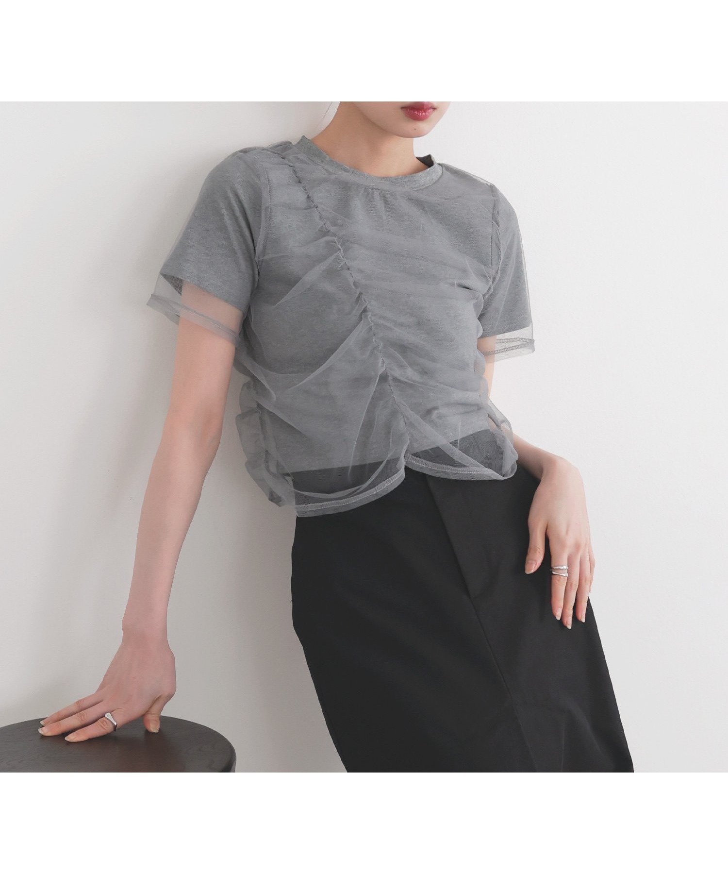 【リアン/Lian】のシャーリングチュールレイヤードTシャツ インテリア・キッズ・メンズ・レディースファッション・服の通販 founy(ファニー) 　ファッション　Fashion　レディースファッション　WOMEN　トップス・カットソー　Tops/Tshirt　シャツ/ブラウス　Shirts/Blouses　ロング / Tシャツ　T-Shirts　クロップド　Cropped　シャーリング　Shirring　チュール　Tulle　杢グレー|ID: prp329100004482848 ipo3291000000031998061