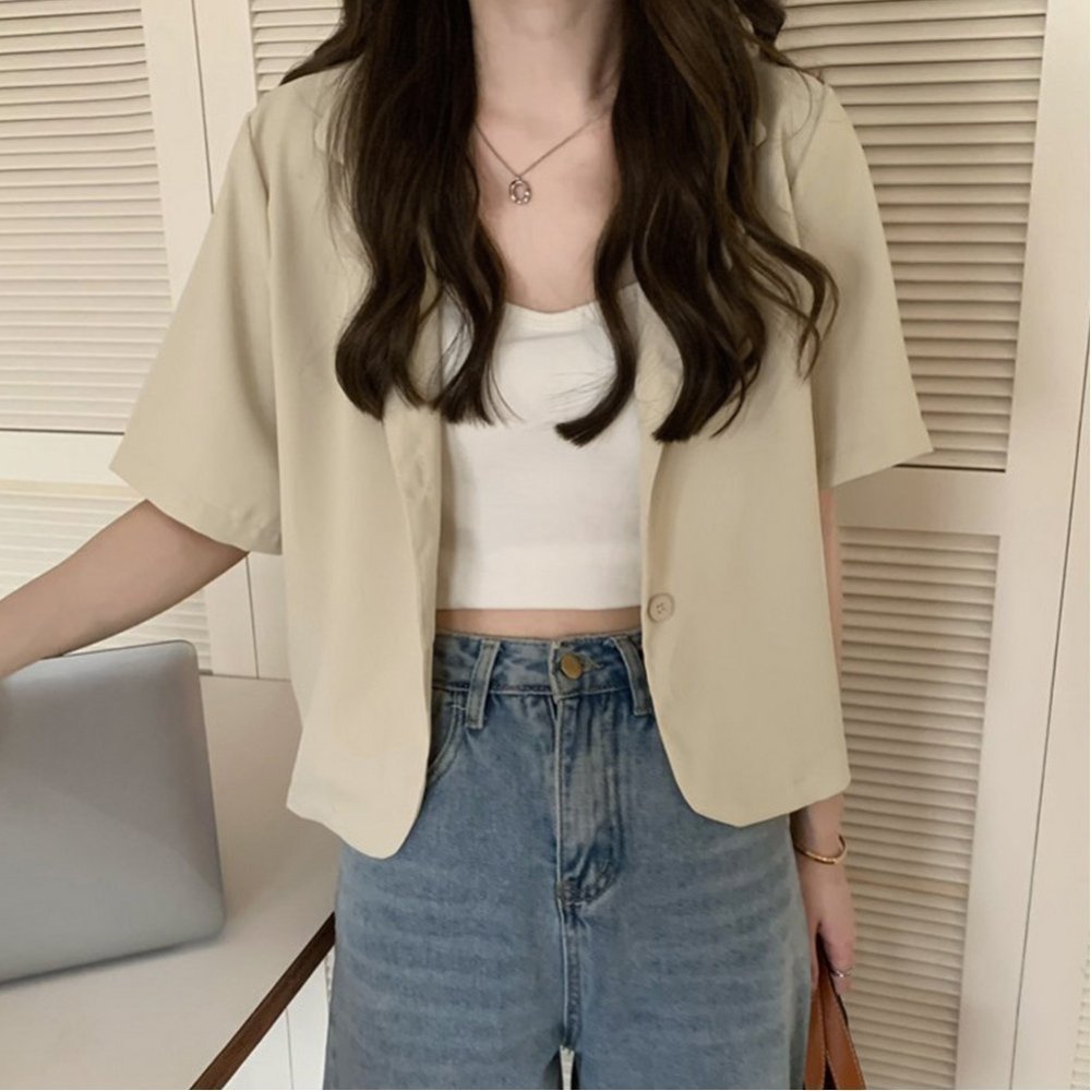 【ミニミニストア/miniministore】のベーシッククロップド丈半袖ジャケット インテリア・キッズ・メンズ・レディースファッション・服の通販 founy(ファニー) 　ファッション　Fashion　レディースファッション　WOMEN　アウター　Coat Outerwear　ジャケット　Jackets　カーディガン　Cardigan　ショート　Short　ジャケット　Jacket　セットアップ　Set Up　デコルテ　Decolletage　トレンド　Trend　半袖　Short Sleeve　羽織　Haori　おすすめ　Recommend　夏　Summer　薄ベージュ|ID: prp329100004486619 ipo3291000000032207417