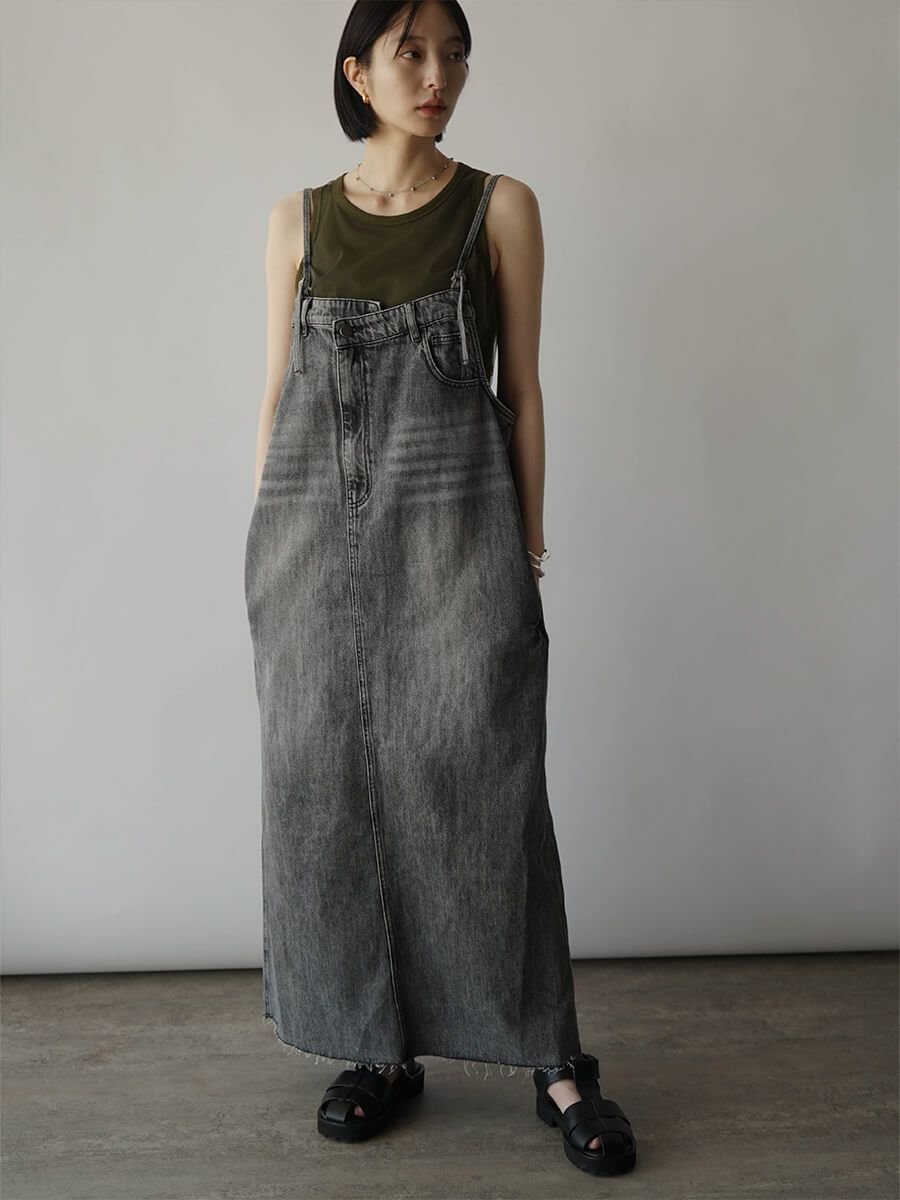 【ラシュッド/LASUD】のアシメフロントデニムジャンパースカート(light gray) インテリア・キッズ・メンズ・レディースファッション・服の通販 founy(ファニー) 　ファッション　Fashion　レディースファッション　WOMEN　スカート　Skirt　アシンメトリー　Asymmetry　スリット　Slit　デニム　Denim　ライトグレー|ID: prp329100004491416 ipo3291000000031919843