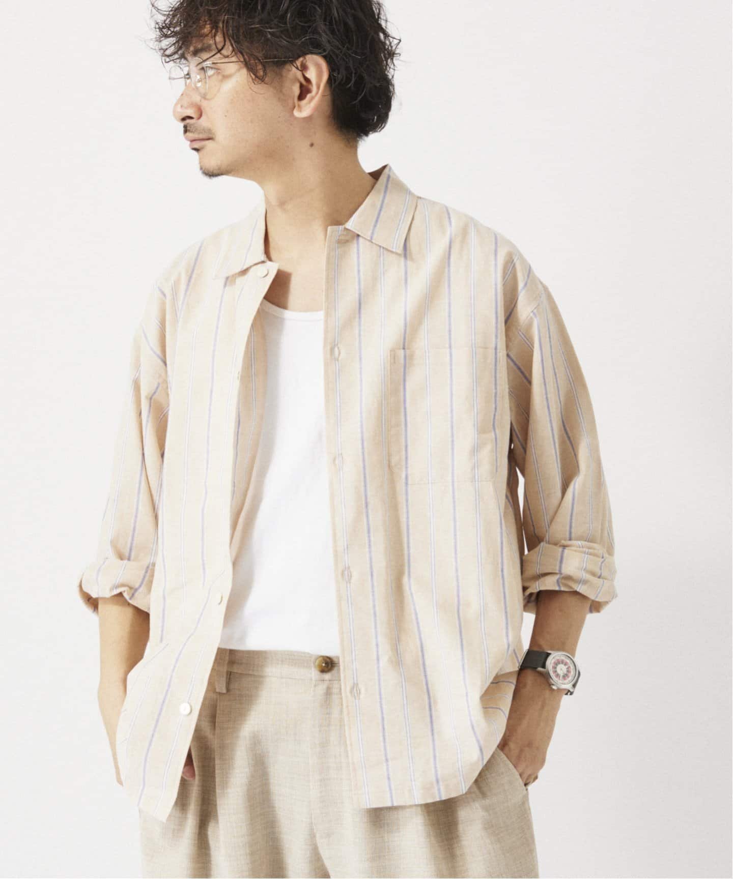 【ジャーナルスタンダード レリューム/JOURNAL STANDARD relume / MEN】のJAMES FABRIC / ジェームスファブリック コットン/リネン シャツ インテリア・キッズ・メンズ・レディースファッション・服の通販 founy(ファニー) 　ファッション　Fashion　メンズファッション　MEN　コンパクト　Compact　ショルダー　Shoulder　ストライプ　Stripe　チェック　Check　ドロップ　Drop　リネン　Linen　人気　Popularity　夏　Summer　春　Spring　S/S・春夏　Ss・Spring/Summer　ベージュ A|ID: prp329100004492071 ipo3291000000031669722