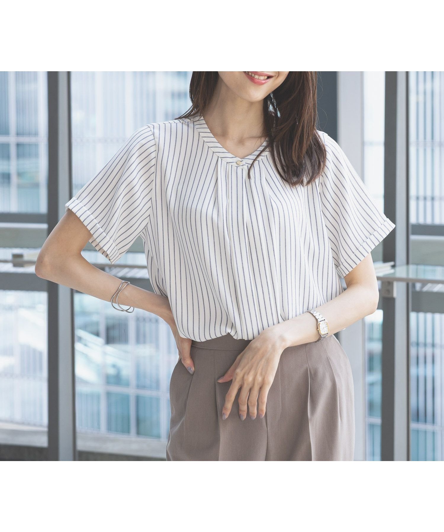 【グローバルワーク/GLOBAL WORK】のキレイつづく2WAYタック半袖/288566 インテリア・キッズ・メンズ・レディースファッション・服の通販 founy(ファニー) 　ファッション　Fashion　レディースファッション　Ladies' Fashion Online　トップス・カットソー　Tops/Tshirt　おすすめ　Recommend　スキッパー　Skipper　エレガント 上品　Elegant　半袖　Short Sleeve　オフストライプ10|ID: prp329100004492218 ipo3291000000032628748