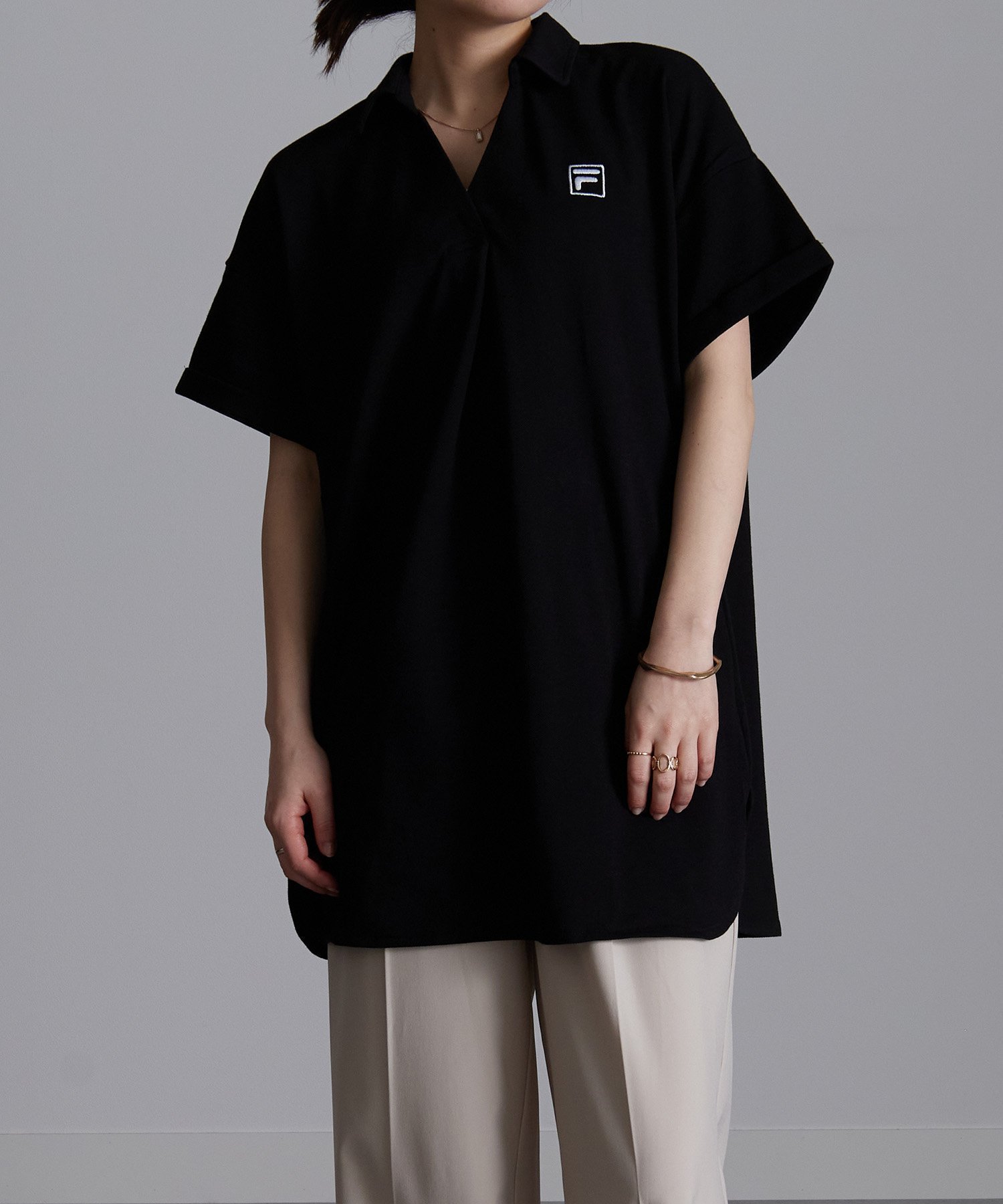 【ラナン/Ranan】のFILA 鹿の子チュニックポロシャツ インテリア・キッズ・メンズ・レディースファッション・服の通販 founy(ファニー) 　ファッション　Fashion　レディースファッション　WOMEN　トップス・カットソー　Tops/Tshirt　シャツ/ブラウス　Shirts/Blouses　ポロシャツ　Polo Shirts　チュニック　Tunic　トレンド　Trend　ビッグ　Big　ポロシャツ　Polo Shirt　鹿の子　Pique　ブラック|ID: prp329100004492545 ipo3291000000031995252