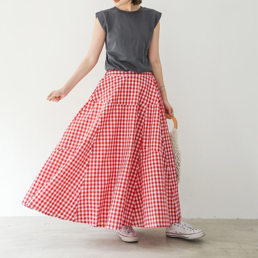 【ミニミニストア/miniministore】のロングスカートレディースギンガムチェック インテリア・キッズ・メンズ・レディースファッション・服の通販 founy(ファニー) 　ファッション　Fashion　レディースファッション　WOMEN　スカート　Skirt　ロングスカート　Long Skirt　ギンガム　Gingham　チェック　Check　フレア　Flare　マキシ　Maxi　ロング　Long　夏　Summer　楽ちん　Easy　レッド|ID: prp329100004492838 ipo3291000000031996638