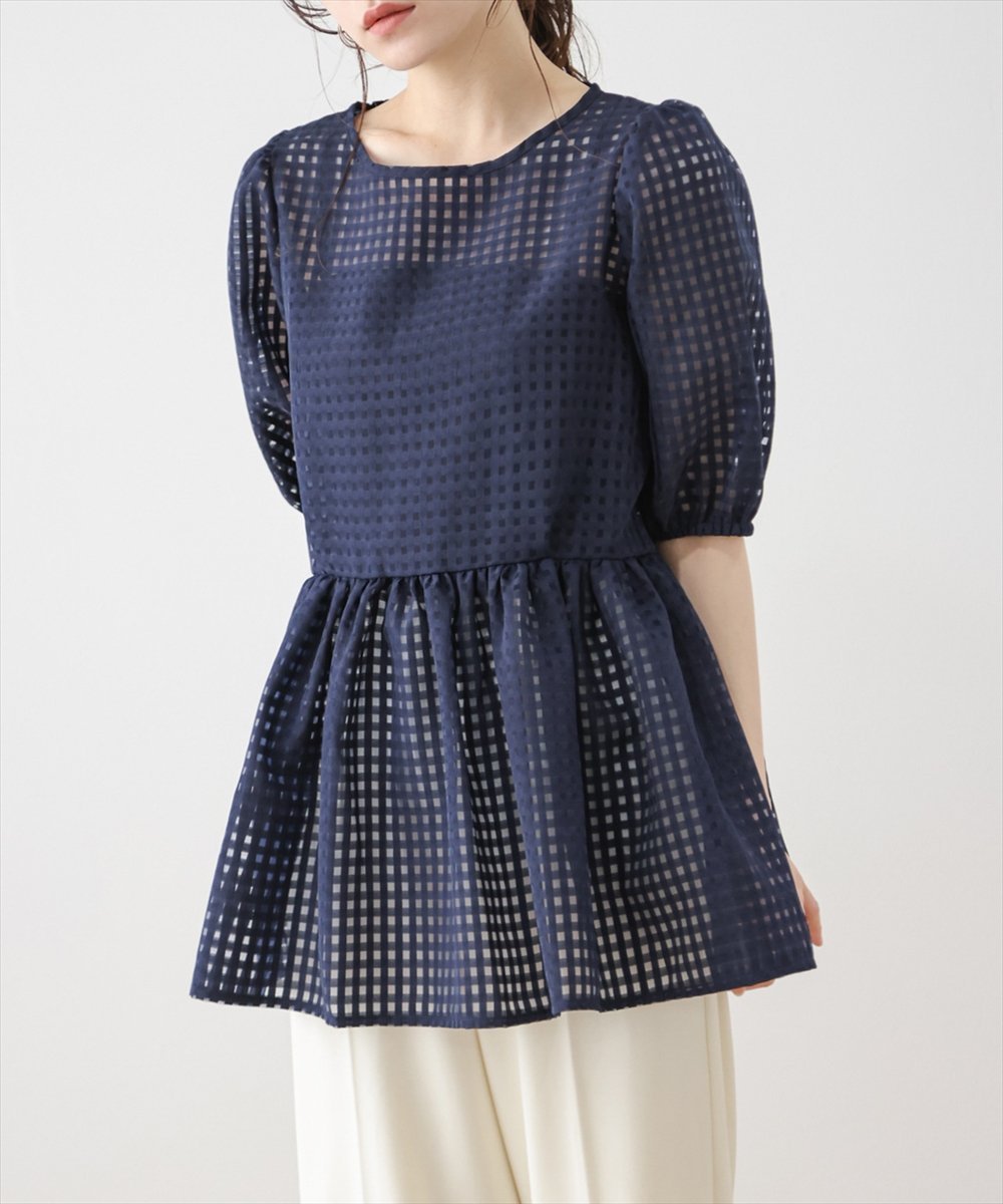 【ラジュール/Lajour】のシアーチェックペプラムプルオーバー インテリア・キッズ・メンズ・レディースファッション・服の通販 founy(ファニー) 　ファッション　Fashion　レディースファッション　Fashion for Women　トップス・カットソー　Cut & Sew Tops　カジュアルプルオーバー・ニットトップス　Pullovers & Knit Tops / Casual Pullovers　オーガンジー　Organza Fabric　ギンガム　Gingham, Gingham Fabric　シアー　Sheer, See-Through　スリーブ　Sleeve, Long Sleeve / Short Sleeve　チェック　Check, Plaid, Tartan　フェミニン　Feminine, Girly　ペプラム　Peplum, Flared Hem　ネイビー|ID: prp329100004493205 ipo3291000000033610744