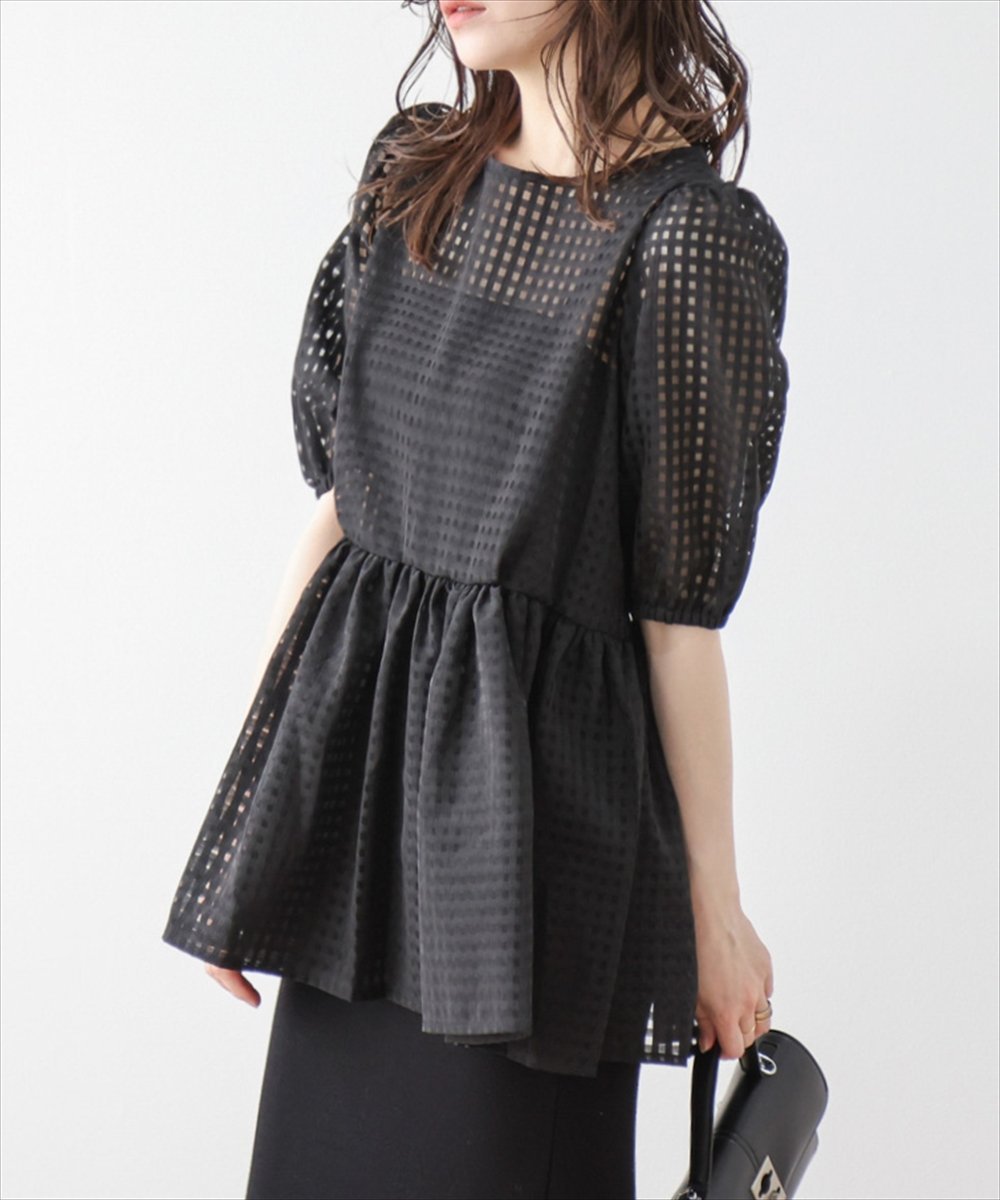 【ラジュール/Lajour】のシアーチェックペプラムプルオーバー インテリア・キッズ・メンズ・レディースファッション・服の通販 founy(ファニー) 　ファッション　Fashion　レディースファッション　Fashion for Women　トップス・カットソー　Cut & Sew Tops　カジュアルプルオーバー・ニットトップス　Pullovers & Knit Tops / Casual Pullovers　オーガンジー　Organza Fabric　ギンガム　Gingham, Gingham Fabric　シアー　Sheer, See-Through　スリーブ　Sleeve, Long Sleeve / Short Sleeve　チェック　Check, Plaid, Tartan　フェミニン　Feminine, Girly　ペプラム　Peplum, Flared Hem　ブラック|ID: prp329100004493205 ipo3291000000033610745