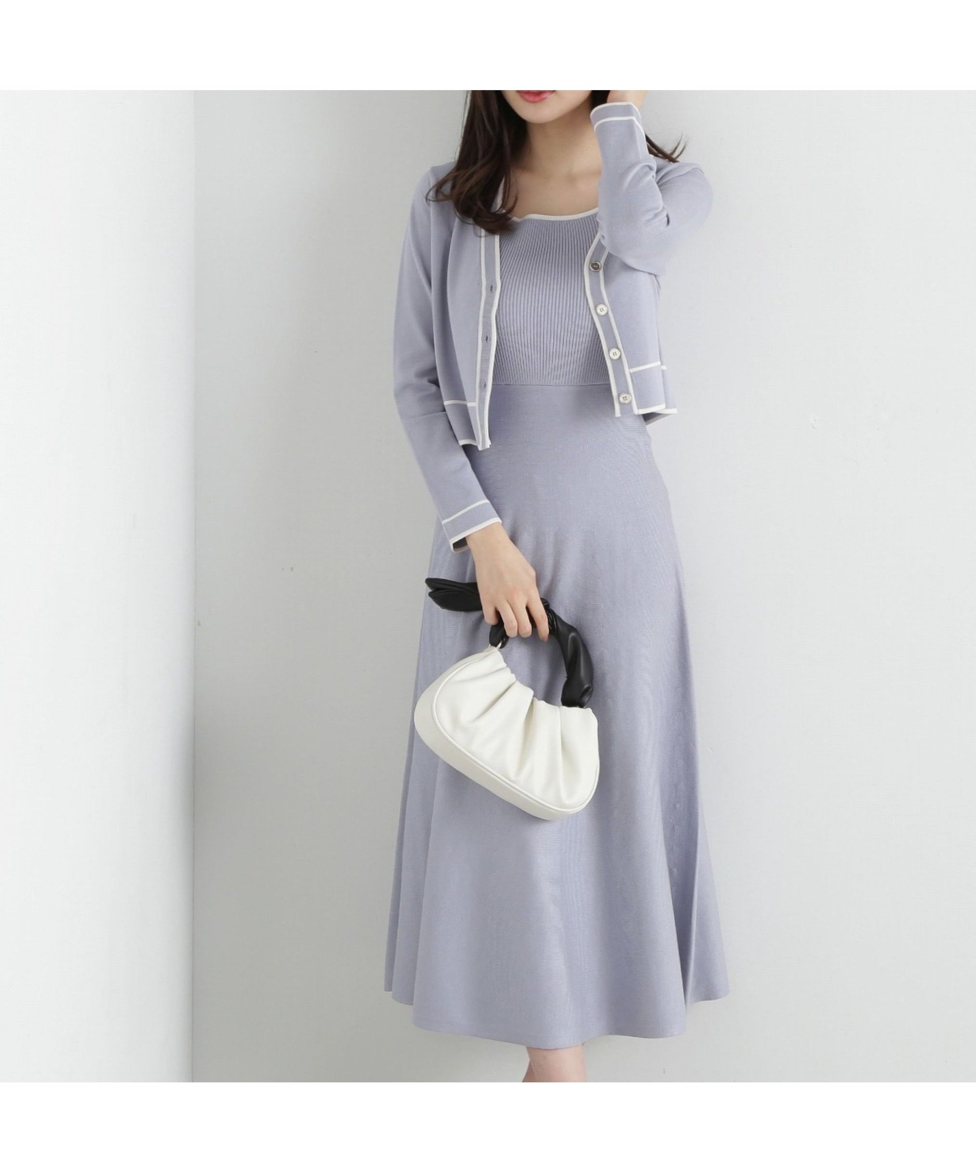 【プロポーション ボディドレッシング/PROPORTION BODY DRESSING】のバイカラーアンサンブルニットワンピース インテリア・キッズ・メンズ・レディースファッション・服の通販 founy(ファニー) 　ファッション　Fashion　レディースファッション　WOMEN　ワンピース　Dress　ニットワンピース　Knit Dresses　アンサンブル　Ensemble　カーディガン　Cardigan　セットアップ　Set Up　パイピング　Piping　ブルー×ホワイト|ID: prp329100004493685 ipo3291000000032191445
