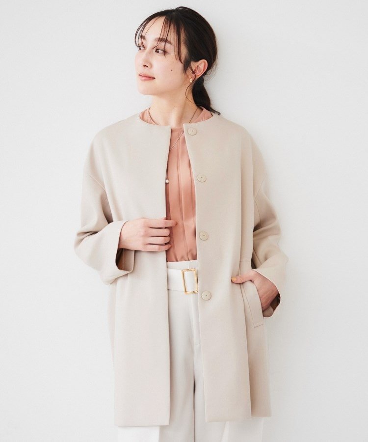 【アンタイトル/UNTITLED】のダブルクロス ノーカラーコート インテリア・キッズ・メンズ・レディースファッション・服の通販 founy(ファニー) 　ファッション　Fashion　レディースファッション　WOMEN　アウター　Coat Outerwear　コート　Coats　ストレッチ　Stretch　ダブル　Double　フロント　Front　ボトム　Bottom　ポケット　Pocket　ロング　Long　ワイド　Wide　春　Spring　ライトベージュ|ID: prp329100004495171 ipo3291000000031702950