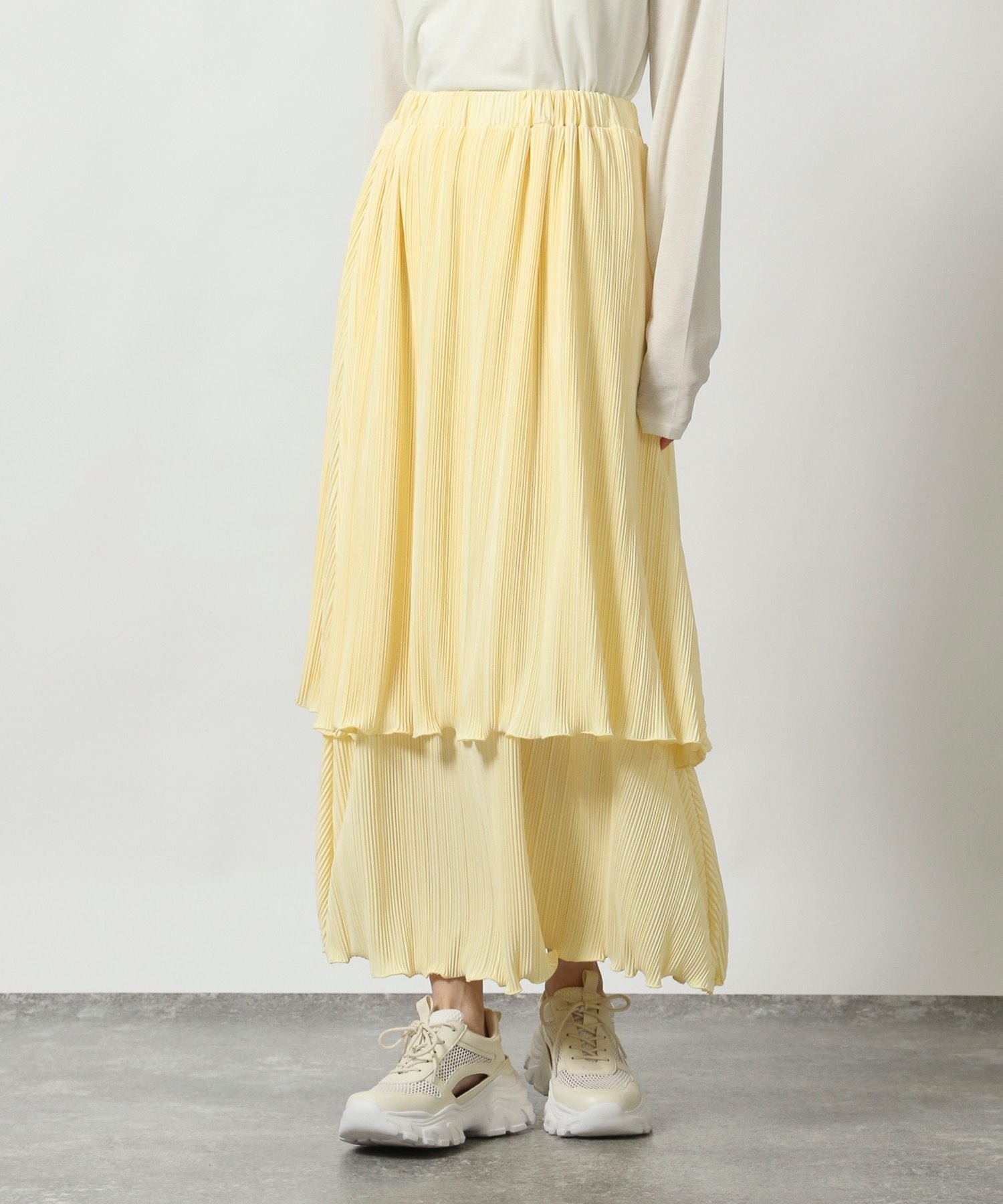 【ラコレ/LAKOLE】のプリーツティアードスカート インテリア・キッズ・メンズ・レディースファッション・服の通販 founy(ファニー) 　ファッション　Fashion　レディースファッション　WOMEN　スカート　Skirt　ティアードスカート　Tiered Skirts　ティアード　Tiered　フェミニン　Feminine　プリーツ　Pleats　ライトイエロー|ID: prp329100004495371 ipo3291000000031996534