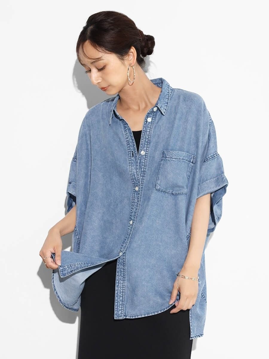 【ヴァン/Vin】のライトデニムワイドシャツ 人気、トレンドファッション・服の通販 founy(ファニー) 　ファッション　Fashion　レディースファッション　WOMEN　トップス・カットソー　Tops/Tshirt　シャツ/ブラウス　Shirts/Blouses　スリーブ　Sleeve　デニム　Denim　ドレープ　Drape　ハーフ　Half　夏　Summer　春　Spring　S/S・春夏　Ss・Spring/Summer　 other-1|ID: prp329100004497223 ipo3291000000031725898