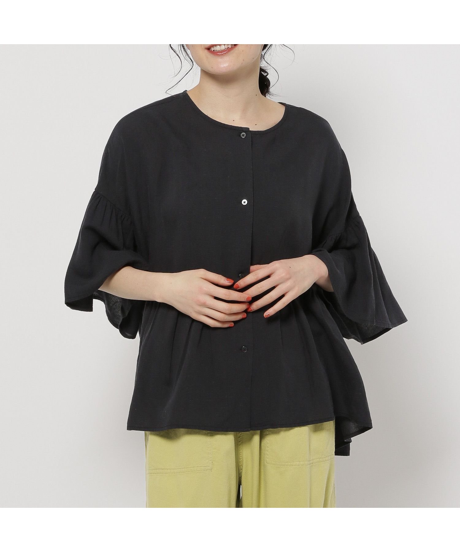 【ニコアンド/niko and】のCOMFORTリネンワイドブラウス インテリア・キッズ・メンズ・レディースファッション・服の通販 founy(ファニー) 　ファッション　Fashion　レディースファッション　WOMEN　トップス・カットソー　Tops/Tshirt　シャツ/ブラウス　Shirts/Blouses　おすすめ　Recommend　なめらか　Smooth　ギャザー　Gather　スラックス　Slacks　フリル　Frills　フレア　Flare　ミリタリー　Military　リネン　Linen　エレガント 上品　Elegant　ブラック19|ID: prp329100004497381 ipo3291000000031726947