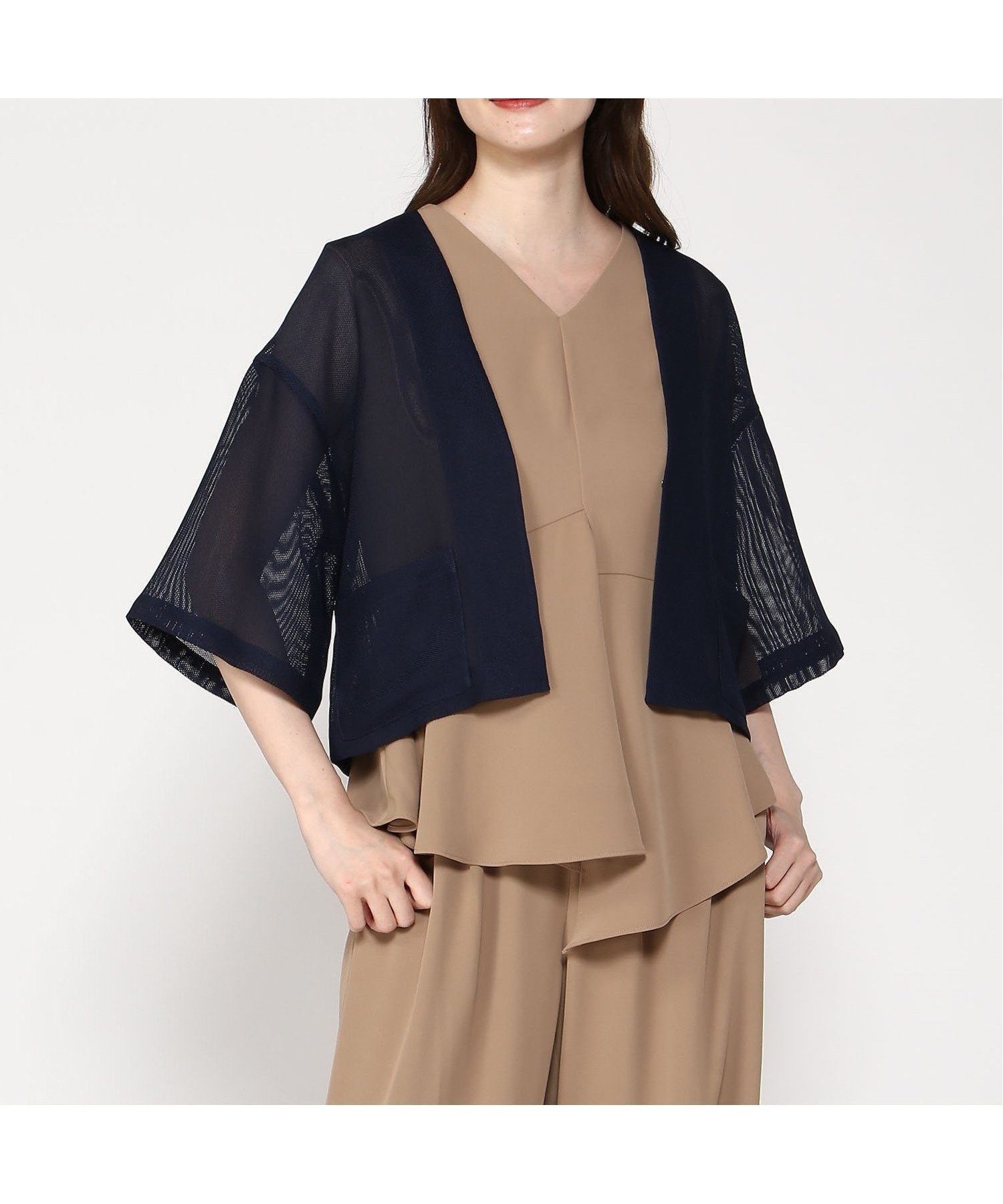 【トロワズィエムチャコ/troisieme CHACO】のtroisiemechaco/メッシュノーカラージャケット インテリア・キッズ・メンズ・レディースファッション・服の通販 founy(ファニー) 　ファッション　Fashion　レディースファッション　WOMEN　アウター　Coat Outerwear　ジャケット　Jackets　ノーカラージャケット　No Collar Leather Jackets　ネイビー|ID: prp329100004498458 ipo3291000000031735588