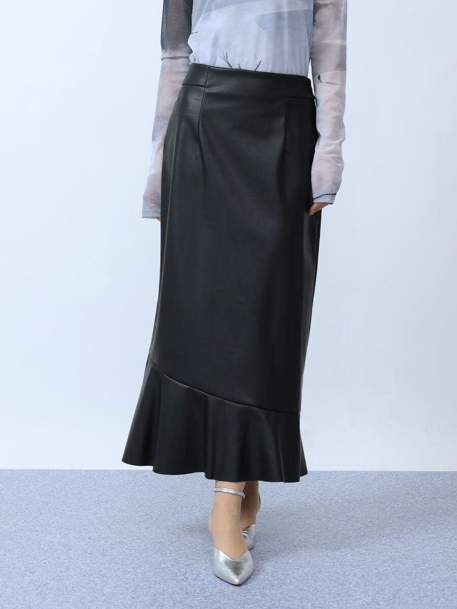 【ラシュッド/LASUD】のエコレザーマーメイドスカート インテリア・キッズ・メンズ・レディースファッション・服の通販 founy(ファニー) 　ファッション　Fashion　レディースファッション　Fashion for Women　スカート　Skirts　アシンメトリー　Asymmetrical Style　バランス　Balance, Style Balance　フェイクレザー　Faux Leather, PU Leather　フラット　Flat, Flat Shoes　フレア　Flare, Flared　ヘムライン　Hemline, Bottom Cut　マーメイド　Mermaid, Fishtail Silhouette　リアル　Real, Realistic　エレガント 上品　Elegant　ブラック|ID: prp329100004499551 ipo3291000000032664477