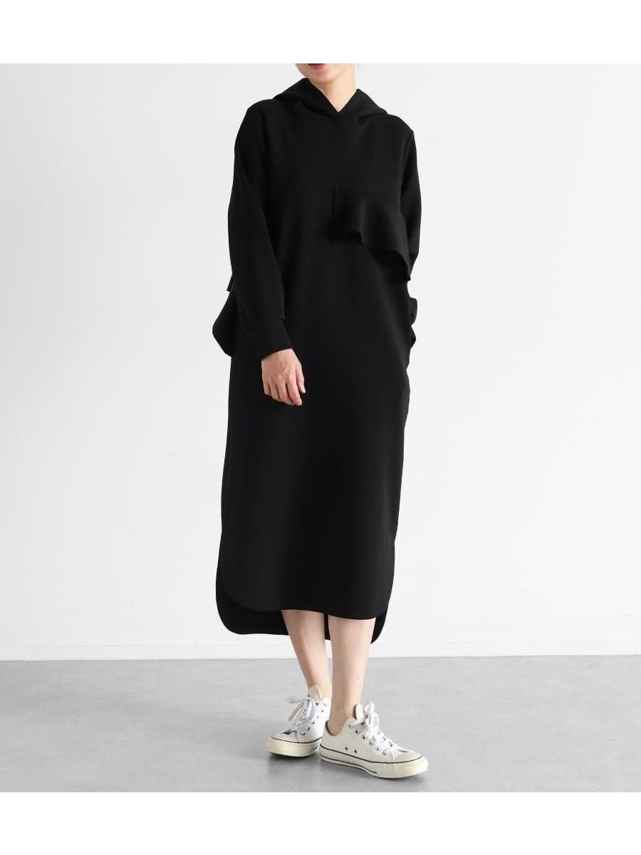 【ヴァン/Vin】のポイントフリルフーディワンピース インテリア・キッズ・メンズ・レディースファッション・服の通販 founy(ファニー) 　ファッション　Fashion　レディースファッション　WOMEN　ワンピース　Dress　ストレッチ　Stretch　フリル　Frills　フロント　Front　ブラック|ID: prp329100004499755 ipo3291000000031747046