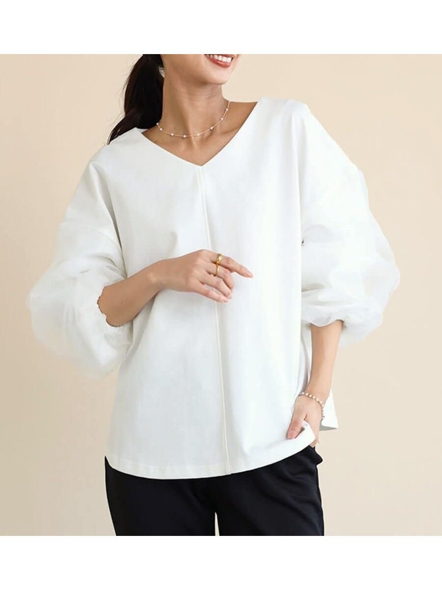 【ヴァン/Vin】のVネックボリュームスリーブトップス 人気、トレンドファッション・服の通販 founy(ファニー) 　ファッション　Fashion　レディースファッション　WOMEN　トップス・カットソー　Tops/Tshirt　Vネック　V-Neck　ボリュームスリーブ / フリル袖　Volume Sleeve　オーガンジー　Organdy　カットソー　Cut And Sew　シアー　Sheer　ストレッチ　Stretch　ドッキング　Docking　フェイス　Face　フェミニン　Feminine　 other-1|ID: prp329100004500394 ipo3291000000031752050