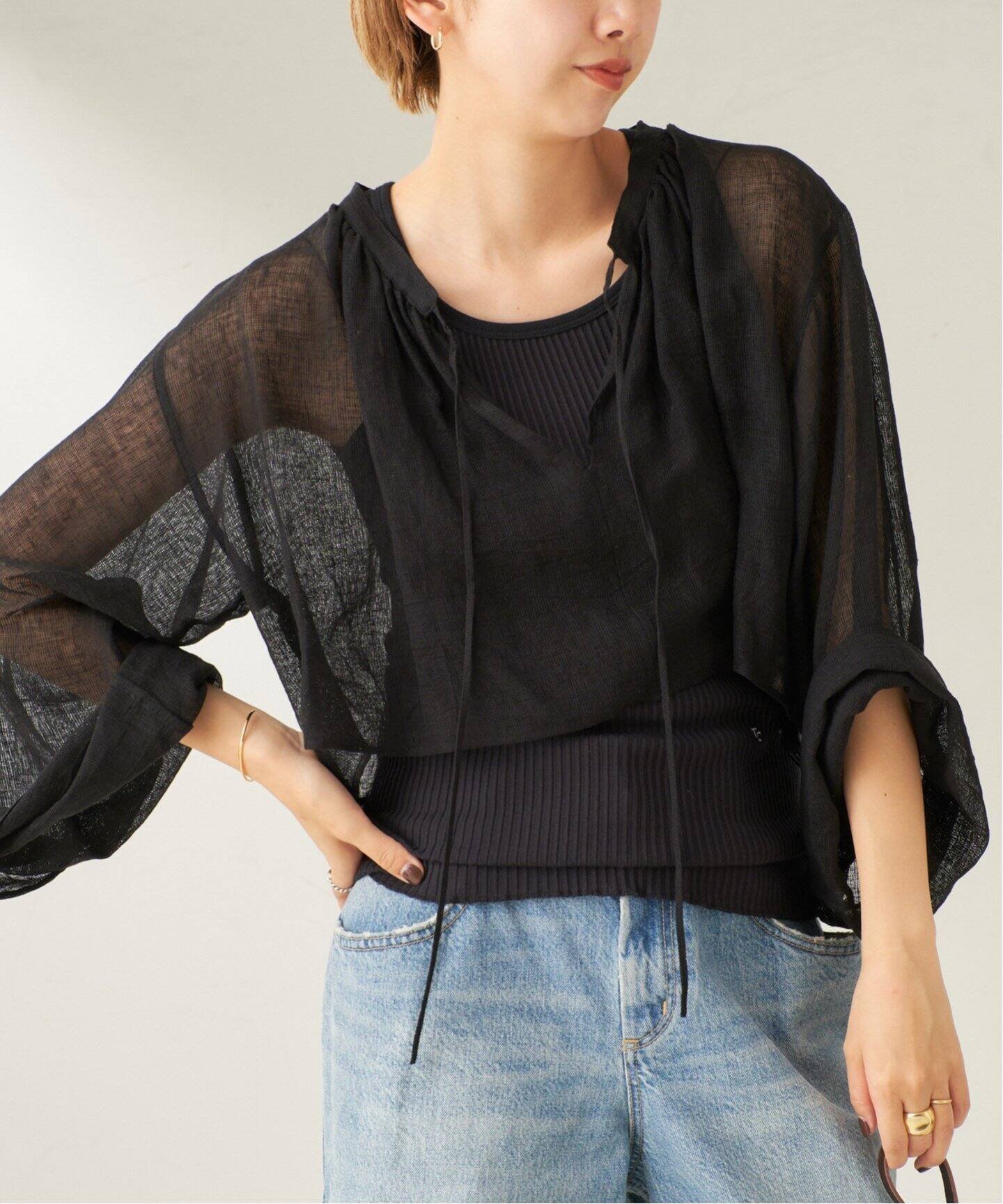 【プラージュ/Plage】のlinen mesh cape ブラウス インテリア・キッズ・メンズ・レディースファッション・服の通販 founy(ファニー) 　ファッション　Fashion　レディースファッション　WOMEN　トップス・カットソー　Tops/Tshirt　シャツ/ブラウス　Shirts/Blouses　シンプル　Simple　バランス　Balance　メッシュ　Mesh　リネン　Linen　ブラック|ID: prp329100004502327 ipo3291000000031881314