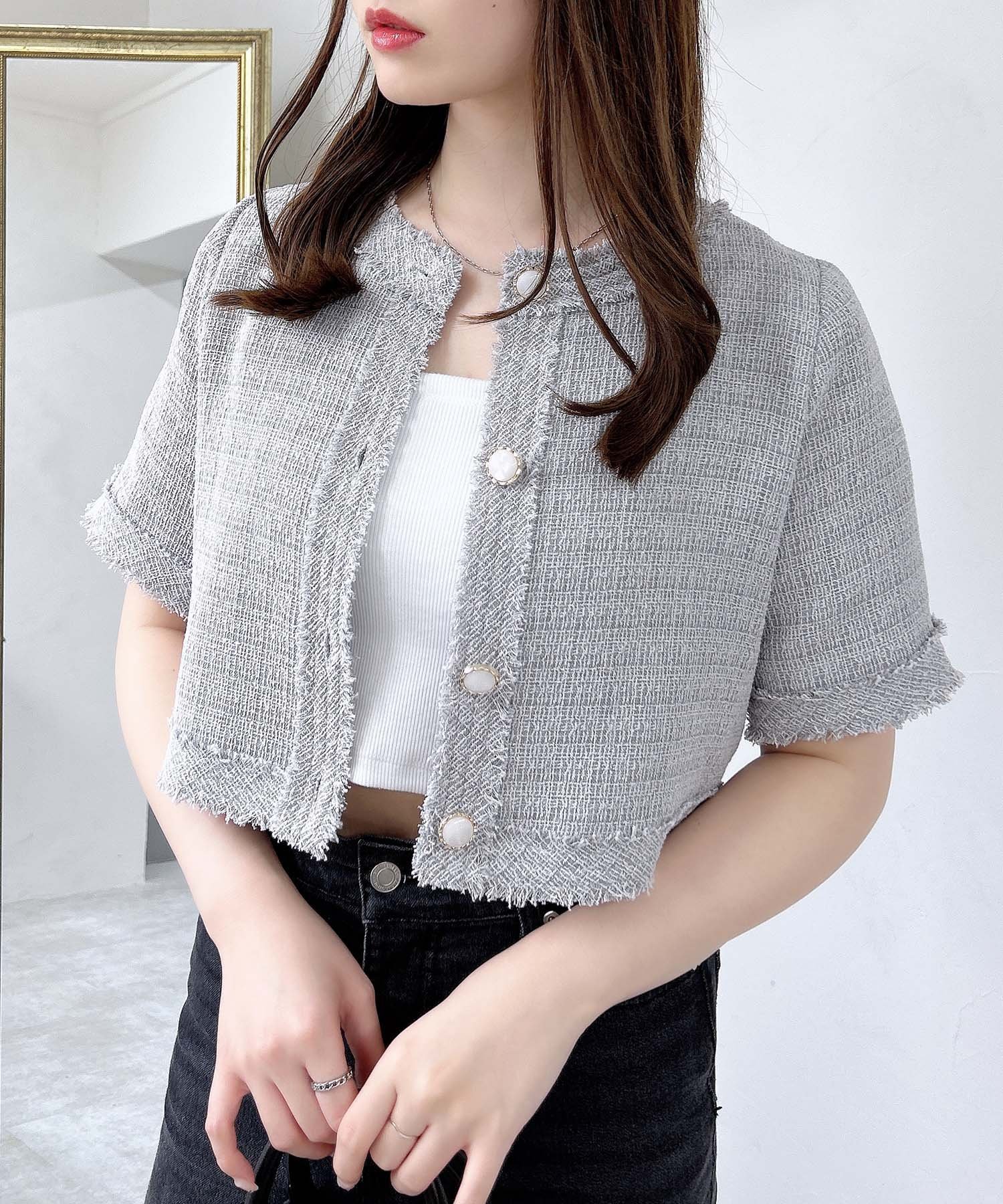 【イング/INGNI】のツイードフリンジ半袖ジャケット インテリア・キッズ・メンズ・レディースファッション・服の通販 founy(ファニー) 　ファッション　Fashion　レディースファッション　Fashion for Women　アウター　Coat / Outerwear Collection　レディースジャケット・軽アウター　Jackets　春　Spring　ガーリー　Girly, Feminine Style　ショート　Short, Short Length　ジャケット　Jacket, Outerwear　スマホ　Smartphone, Mobile Device　ツイード　Twill, Twill Weave　デニム　Denim, Jeans Material　長袖　Long Sleeve, Full Sleeve　フェミニン　Feminine, Girly　フリンジ　Fringe, Tassel　半袖　Short Sleeve, Half Sleeve　エレガント 上品　Elegant　グレー|ID: prp329100004503077 ipo3291000000032750016