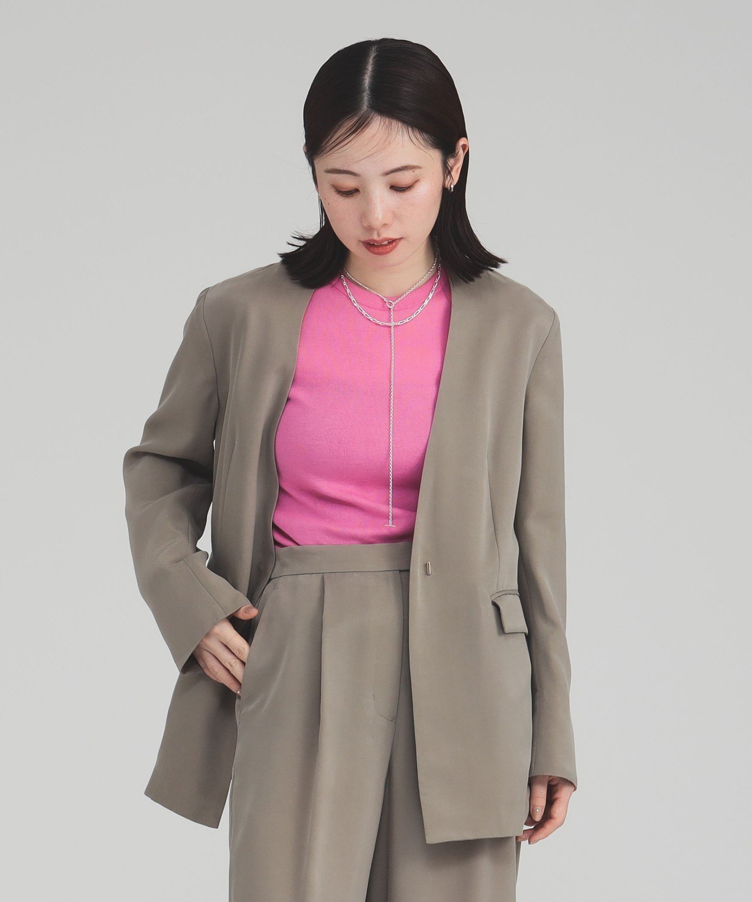 【デミルクス ビームス/Demi-Luxe BEAMS】のノーカラー フィブリル ジャケット インテリア・キッズ・メンズ・レディースファッション・服の通販 founy(ファニー) 　ファッション　Fashion　レディースファッション　WOMEN　アウター　Coat Outerwear　ジャケット　Jackets　おすすめ　Recommend　シンプル　Simple　ジャケット　Jacket　ストライプ　Stripe　セットアップ　Set Up　ダウン　Down　デニム　Denim　フラップ　Flap　フロント　Front　ポケット　Pocket　ワイド　Wide　MOCHA|ID: prp329100004503657 ipo3291000000031783360