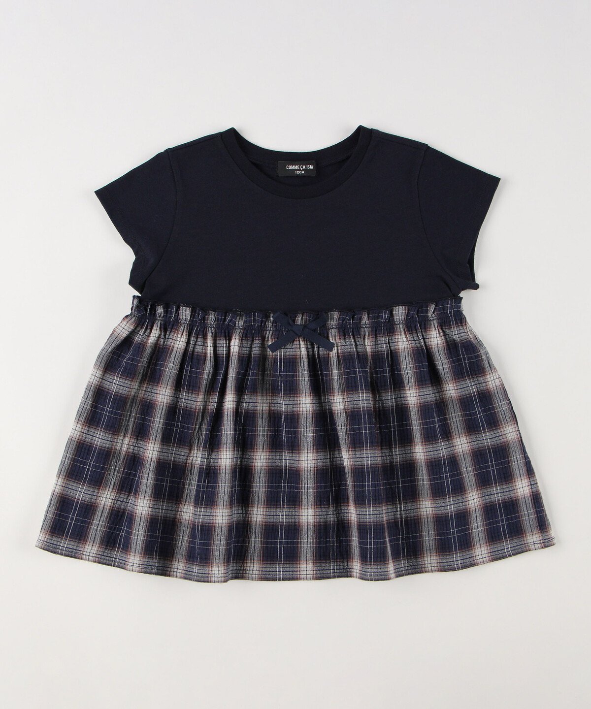 【コムサイズム/COMME CA ISM / KIDS】のワッシャーチェック使い デザインTシャツ インテリア・キッズ・メンズ・レディースファッション・服の通販 founy(ファニー) 　ファッション　Fashion　キッズファッション　KIDS　おすすめ　Recommend　スリーブ　Sleeve　チェック　Check　フレンチ　French　リボン　Ribbon　吸水　Water Absorption　無地　Plain Color　ネイビー|ID: prp329100004504027 ipo3291000000031923661