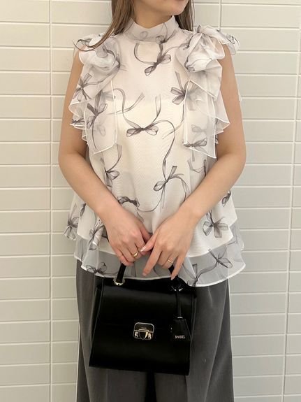 【スナイデル/SNIDEL】のリボンスリーブオーガンシースルーブラウス インテリア・キッズ・メンズ・レディースファッション・服の通販 founy(ファニー) 　ファッション　Fashion　レディースファッション　WOMEN　トップス・カットソー　Tops/Tshirt　シャツ/ブラウス　Shirts/Blouses　オーガンジー　Organdy　スタンド　Stand　スリーブ　Sleeve　バランス　Balance　フェミニン　Feminine　フォーマル　Formal　フリル　Frills　プリント　Print　リボン　Ribbon　リュクス　Luxe　無地　Plain Color　BEG[037]|ID: prp329100004504129 ipo3291000000031979693