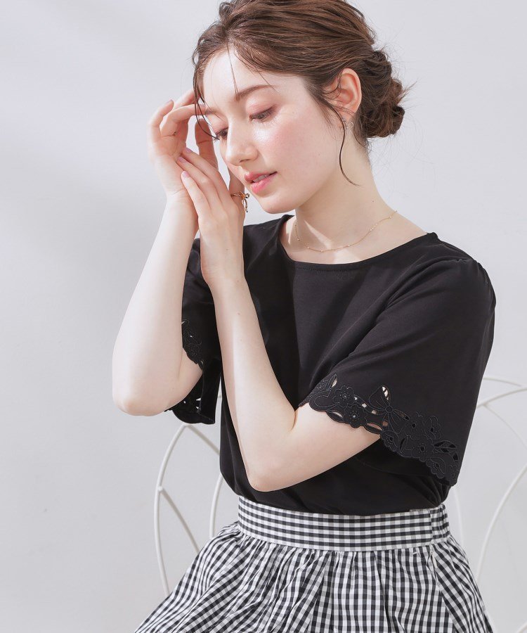 【クチュール ブローチ/Couture Brooch】の【接触冷感・UVカット】袖エンブロサイロコンパクト インテリア・キッズ・メンズ・レディースファッション・服の通販 founy(ファニー) 　ファッション　Fashion　レディースファッション　WOMEN　トップス・カットソー　Tops/Tshirt　ジャージ　Jersey　スリーブ　Sleeve　フレア　Flare　モチーフ　Motif　リボン　Ribbon　ブラック|ID: prp329100004504302 ipo3291000000031926592