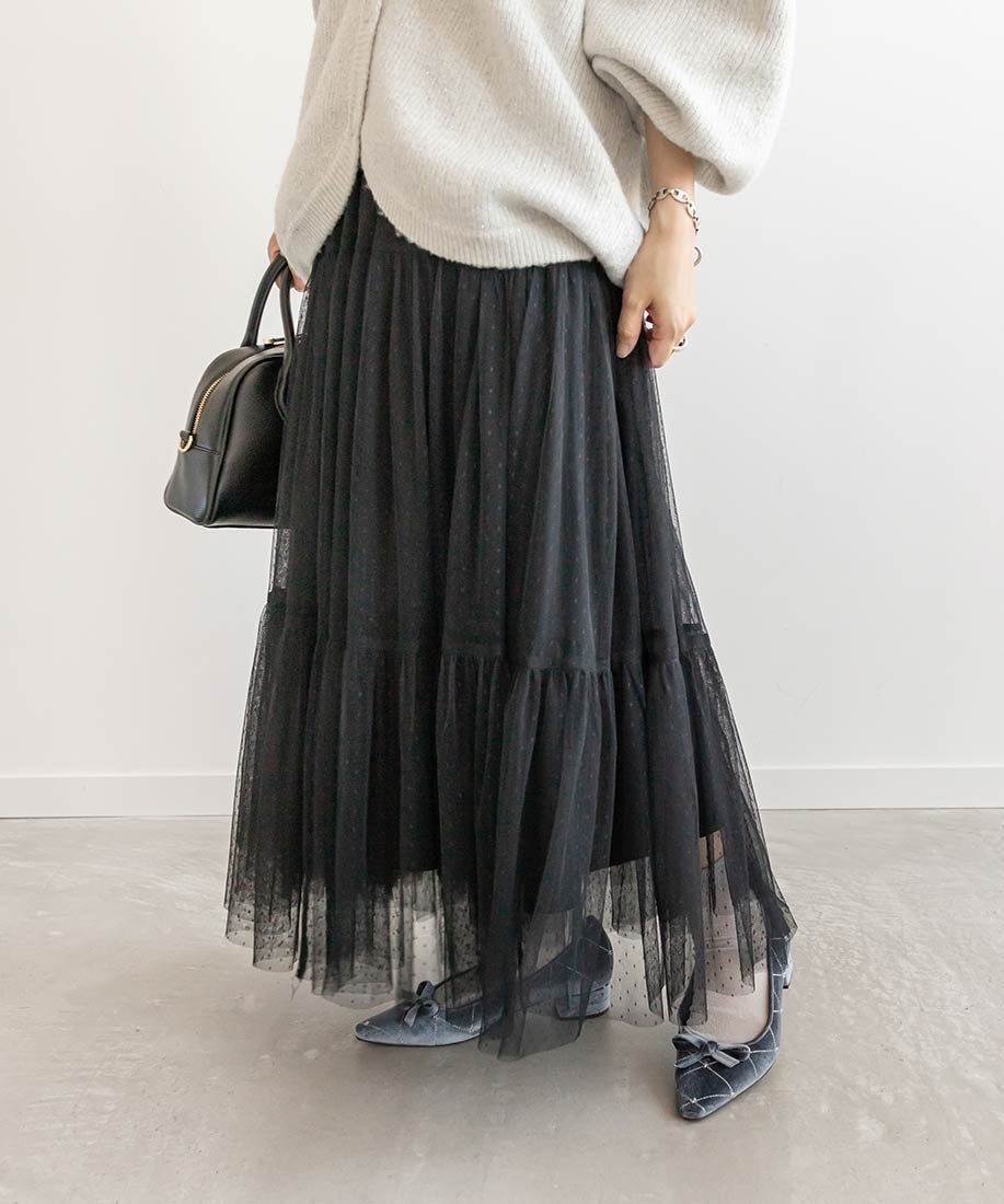 【ランダ/RANDA】の【選べる丈感】ドットチュールティアードスカート 人気、トレンドファッション・服の通販 founy(ファニー) 　ファッション　Fashion　レディースファッション　WOMEN　スカート　Skirt　ティアードスカート　Tiered Skirts　チュール　Tulle　トレンド　Trend　ドット　Dot　フェミニン　Feminine　ペチコート　Petticoat　 other-1|ID: prp329100004505791 ipo3291000000032254382