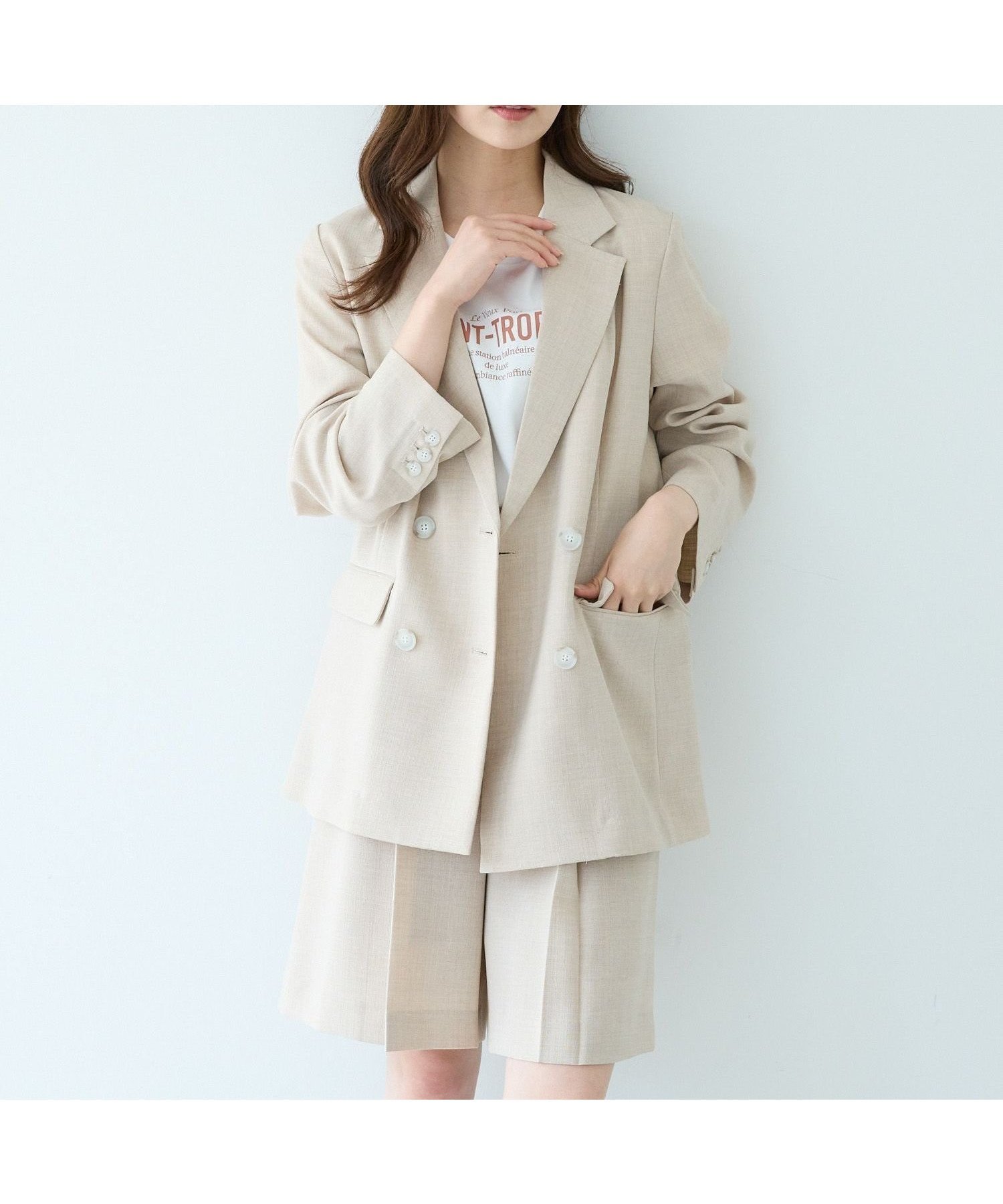 【アンデミュウ/Andemiu】のリネンライクテーラードジャケット インテリア・キッズ・メンズ・レディースファッション・服の通販 founy(ファニー) 　ファッション　Fashion　レディースファッション　WOMEN　アウター　Coat Outerwear　ジャケット　Jackets　テーラードジャケット　Tailored Jackets　おすすめ　Recommend　インナー　Inner　カーディガン　Cardigan　スラックス　Slacks　デニム　Denim　ノースリーブ　No Sleeve　ボトム　Bottom　エレガント 上品　Elegant　夏　Summer　ビジネス 仕事 通勤　Business　ライトベージュ|ID: prp329100004511590 ipo3291000000031868279