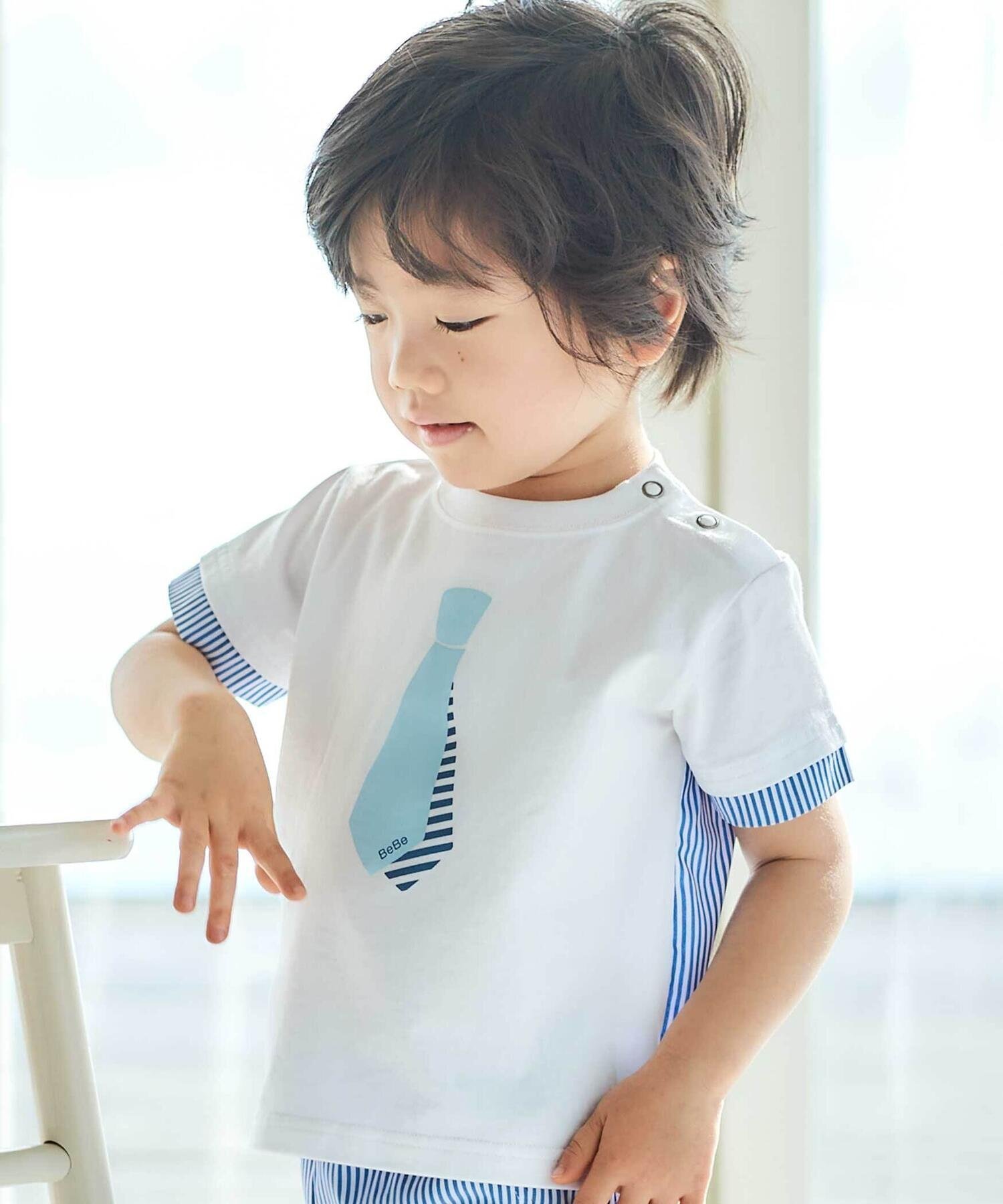 【その他のブランド/Other】のネクタイプリントブロード切替半袖Tシャツ(80~90cm) インテリア・キッズ・メンズ・レディースファッション・服の通販 founy(ファニー) 　ファッション　Fashion　キッズファッション　KIDS　おすすめ　Recommend　ストライプ　Stripe　ハーフ　Half　フォーマル　Formal　ブロード　Broad　プリント　Print　切替　Switching　半袖　Short Sleeve　ホワイト|ID: prp329100004511763 ipo3291000000031869771