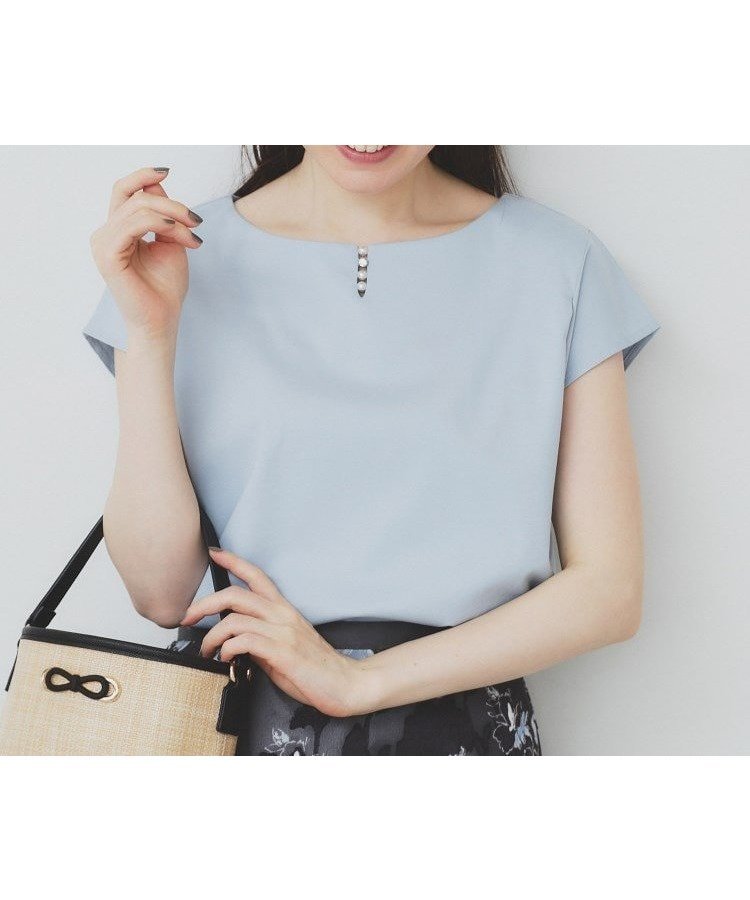 【インデックス/INDEX】の《6color/XS-3Lsize》キーネックビジュートップス【UV/接触冷感/洗濯機洗い可】 インテリア・キッズ・メンズ・レディースファッション・服の通販 founy(ファニー) 　ファッション　Fashion　レディースファッション　WOMEN　トップス・カットソー　Tops/Tshirt　シルケット　Mercerization　スリーブ　Sleeve　バランス　Balance　パール　Pearl　ビジュー　Bijou　フレンチ　French　フロント　Front　サックスブルー|ID: prp329100004514572 ipo3291000000031997818