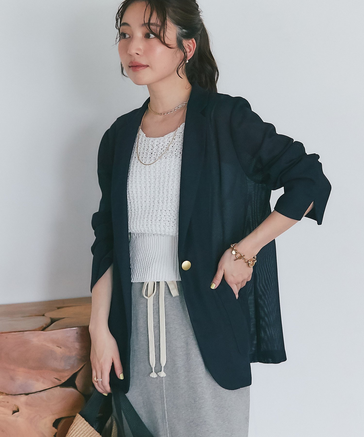 【ラブティックボンボン/La boutique BonBon】の【涼しく羽織れる】メッシュライトシングルジャケット インテリア・キッズ・メンズ・レディースファッション・服の通販 founy(ファニー) 　ファッション　Fashion　レディースファッション　WOMEN　アウター　Coat Outerwear　ジャケット　Jackets　おすすめ　Recommend　サテン　Satin　ジャケット　Jacket　タンク　Tank　デニム　Denim　メッシュ　Mesh　リラックス　Relax　エレガント 上品　Elegant　人気　Popularity　ネイビー|ID: prp329100004515318 ipo3291000000031904155