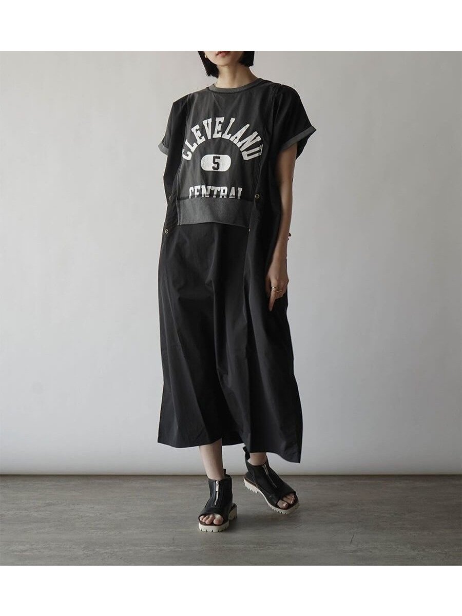 【ラシュッド/LASUD】の異素材ドッキングロゴ2wayワンピース インテリア・キッズ・メンズ・レディースファッション・服の通販 founy(ファニー) 　ファッション　Fashion　レディースファッション　WOMEN　ワンピース　Dress　ドッキング　Docking　フロント　Front　ポケット　Pocket　リラックス　Relax　軽量　Lightweight　チャコールグレー|ID: prp329100004515387 ipo3291000000031904680