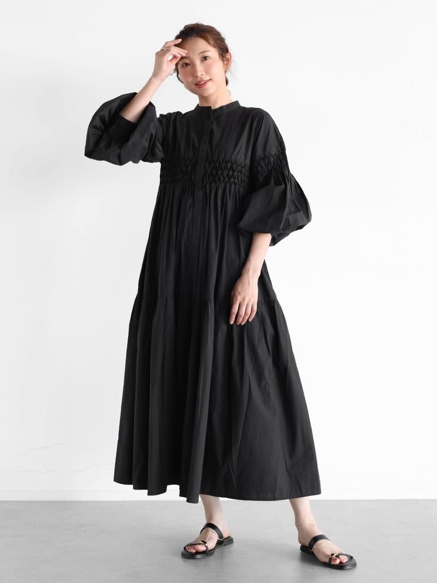 【ヴァン/Vin】のハンドスモッキングギャザーワンピース インテリア・キッズ・メンズ・レディースファッション・服の通販 founy(ファニー) 　ファッション　Fashion　レディースファッション　WOMEN　ワンピース　Dress　インド　India　スモッキング　Smocking　ハンド　Hand　ロング　Long　ワーク　Work　ブラック|ID: prp329100004515390 ipo3291000000032248003