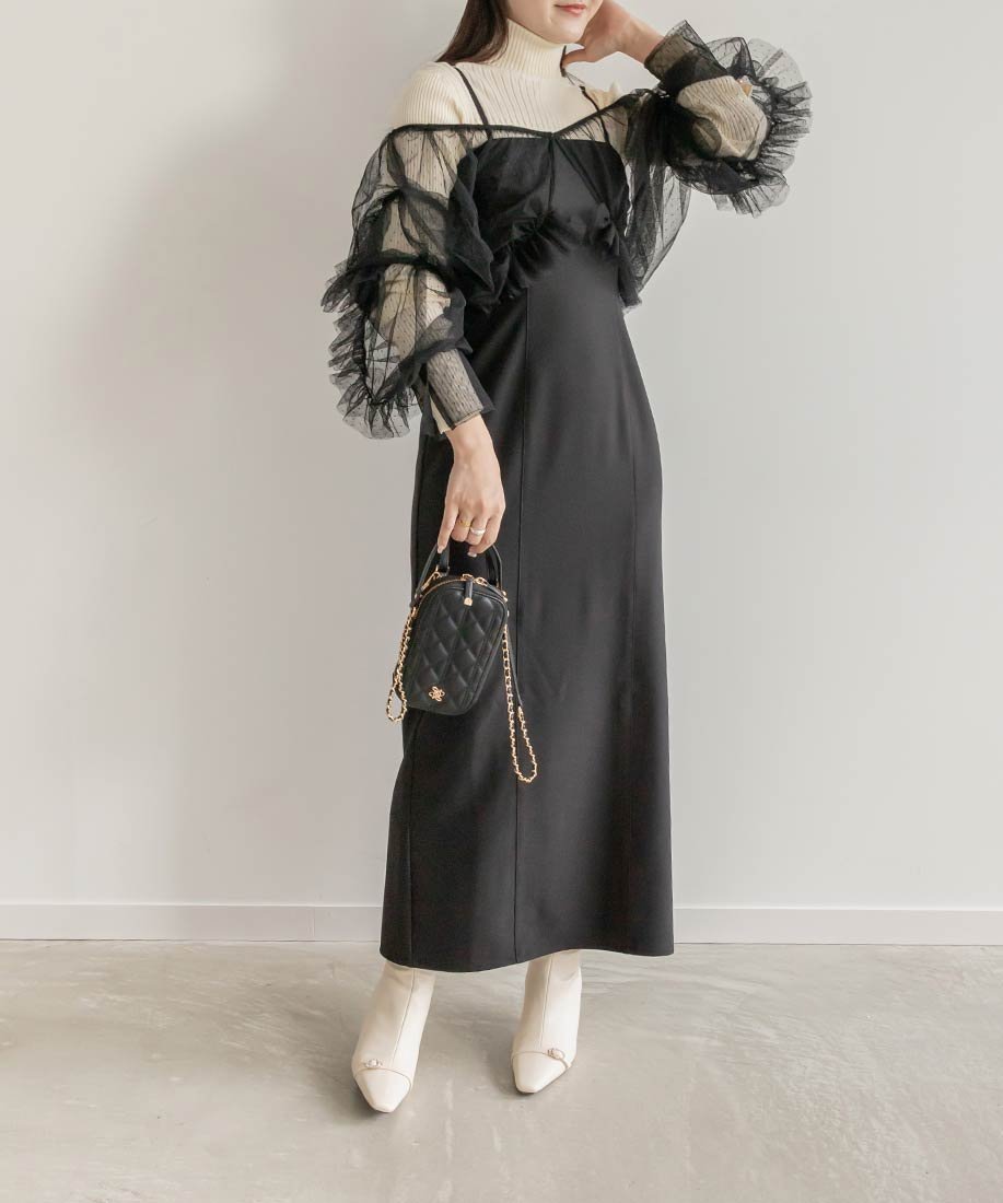 【ランダ/RANDA】のチュールボレロセットワンピース インテリア・キッズ・メンズ・レディースファッション・服の通販 founy(ファニー) 　ファッション　Fashion　レディースファッション　WOMEN　アウター　Coat Outerwear　ボレロ　Bolero jackets　インナー　Inner　ギャザー　Gather　ダウン　Down　チュール　Tulle　ドット　Dot　バランス　Balance　パターン　Pattern　フェミニン　Feminine　ボレロ　Bolero　エレガント 上品　Elegant　BLACK|ID: prp329100004516523 ipo3291000000031917937