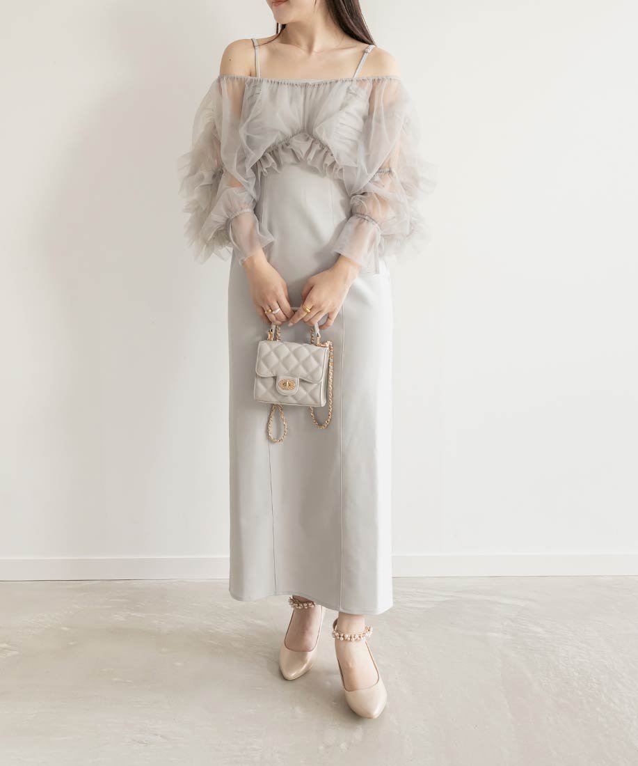 【ランダ/RANDA】のチュールボレロセットワンピース インテリア・キッズ・メンズ・レディースファッション・服の通販 founy(ファニー) 　ファッション　Fashion　レディースファッション　WOMEN　アウター　Coat Outerwear　ボレロ　Bolero jackets　インナー　Inner　ギャザー　Gather　ダウン　Down　チュール　Tulle　ドット　Dot　バランス　Balance　パターン　Pattern　フェミニン　Feminine　ボレロ　Bolero　エレガント 上品　Elegant　GRAY|ID: prp329100004516523 ipo3291000000031917938