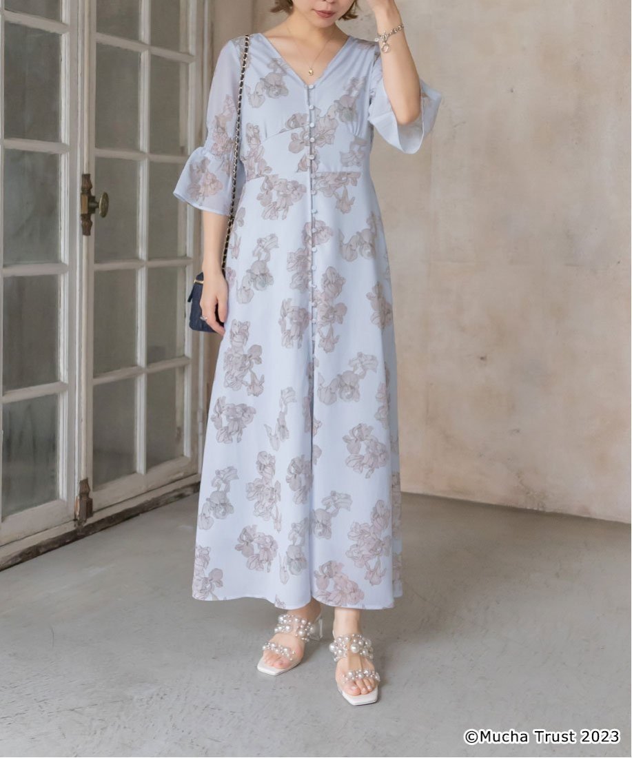 【ランダ/RANDA】の【Mucha×RANDA】フラワープリントワンピース インテリア・キッズ・メンズ・レディースファッション・服の通販 founy(ファニー) 　ファッション　Fashion　レディースファッション　WOMEN　ワンピース　Dress　サンダル　Sandals　シフォン　Chiffon　スニーカー　Sneakers　ダウン　Down　フラワー　Flower　プリント　Print　エレガント 上品　Elegant　BLUE|ID: prp329100004516550 ipo3291000000031918097