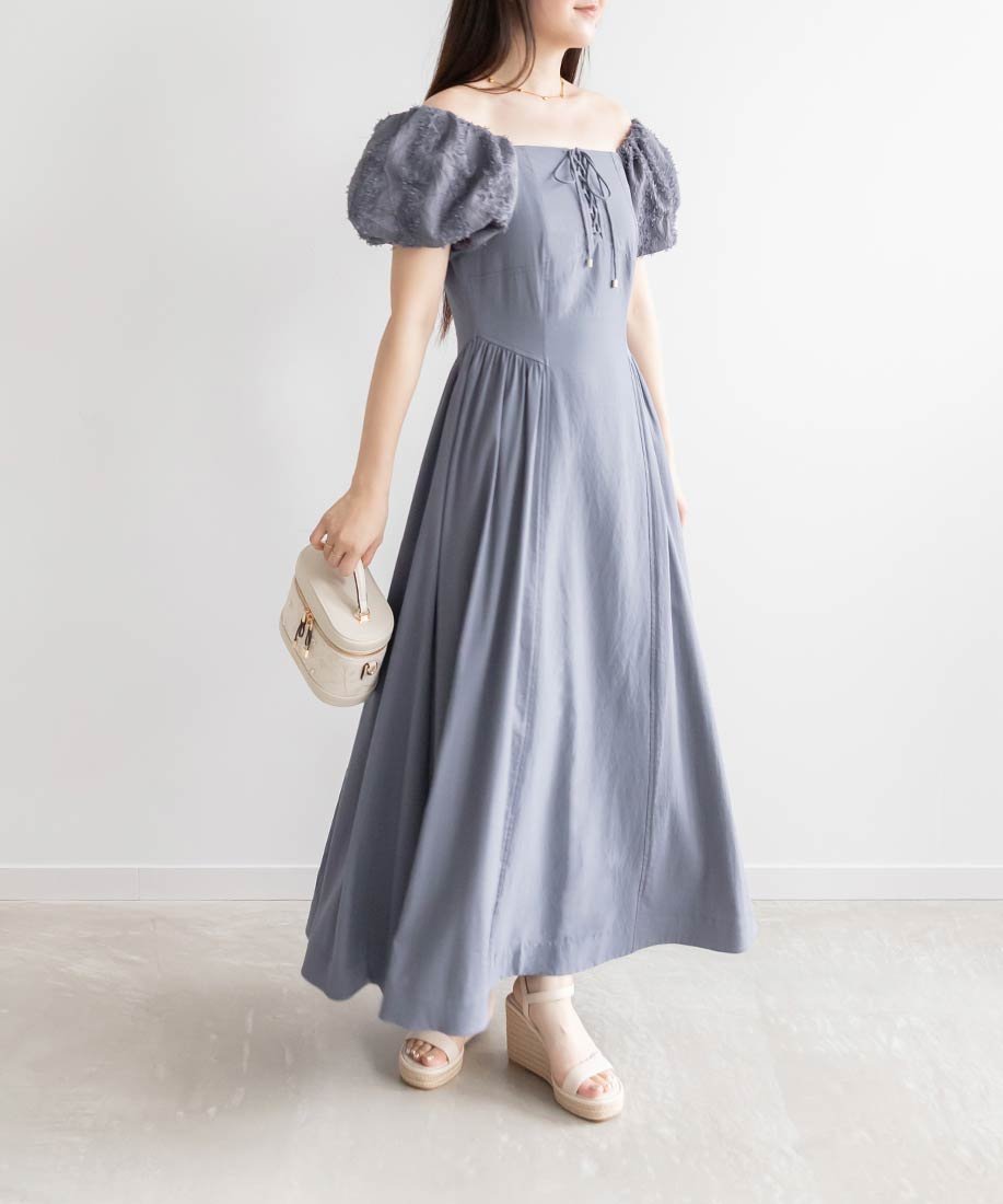 【ランダ/RANDA】のバルーンスリーブレースアップドレス インテリア・キッズ・メンズ・レディースファッション・服の通販 founy(ファニー) 　ファッション　Fashion　レディースファッション　WOMEN　ワンピース　Dress　ドレス　Party Dresses　シューズ　Shoes　トレンド　Trend　フレア　Flare　フロント　Front　レース　Race　BLUE|ID: prp329100004516570 ipo3291000000031918225