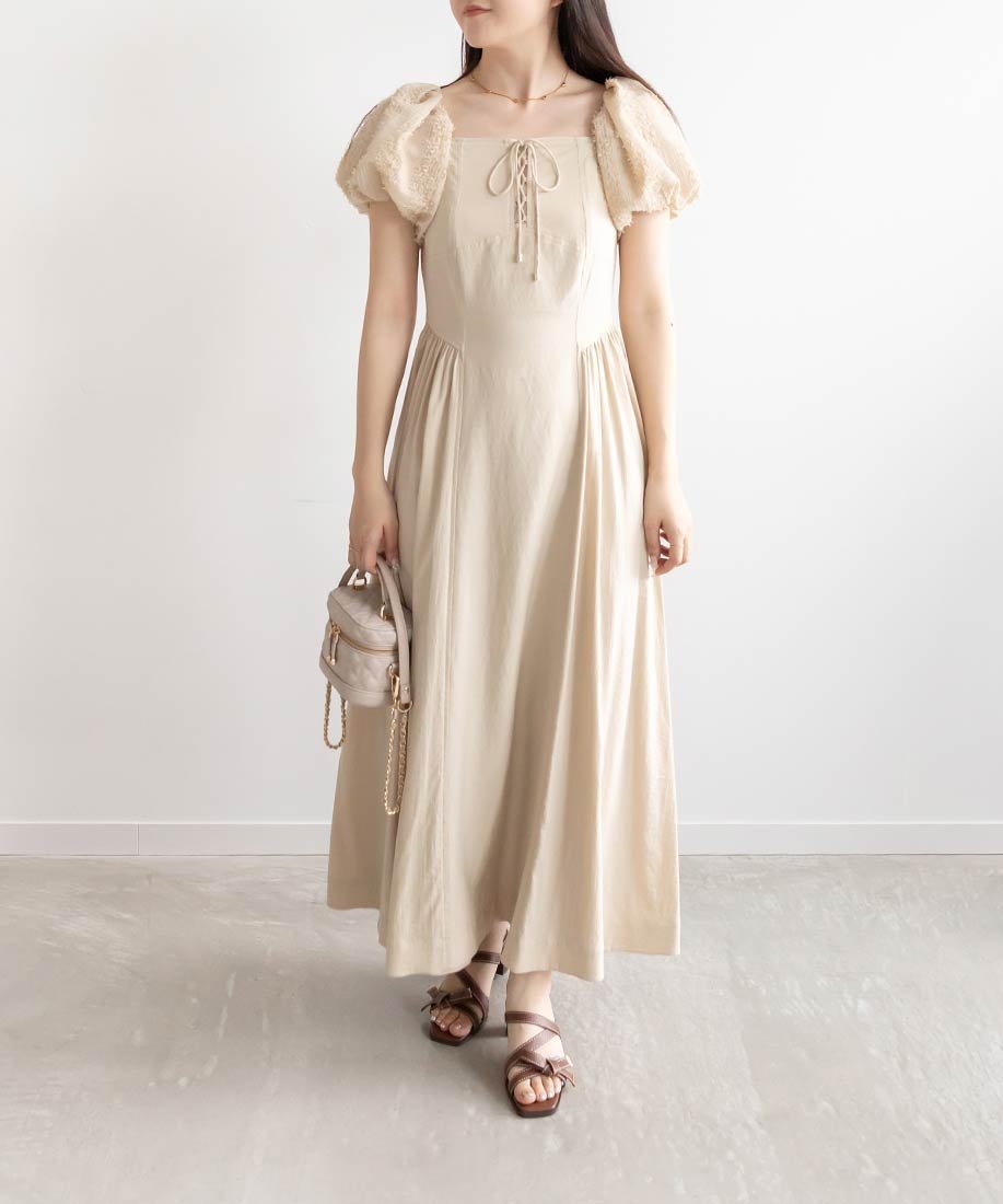 【ランダ/RANDA】のバルーンスリーブレースアップドレス インテリア・キッズ・メンズ・レディースファッション・服の通販 founy(ファニー) 　ファッション　Fashion　レディースファッション　WOMEN　ワンピース　Dress　ドレス　Party Dresses　シューズ　Shoes　トレンド　Trend　フレア　Flare　フロント　Front　レース　Race　BEIGE|ID: prp329100004516570 ipo3291000000031918226