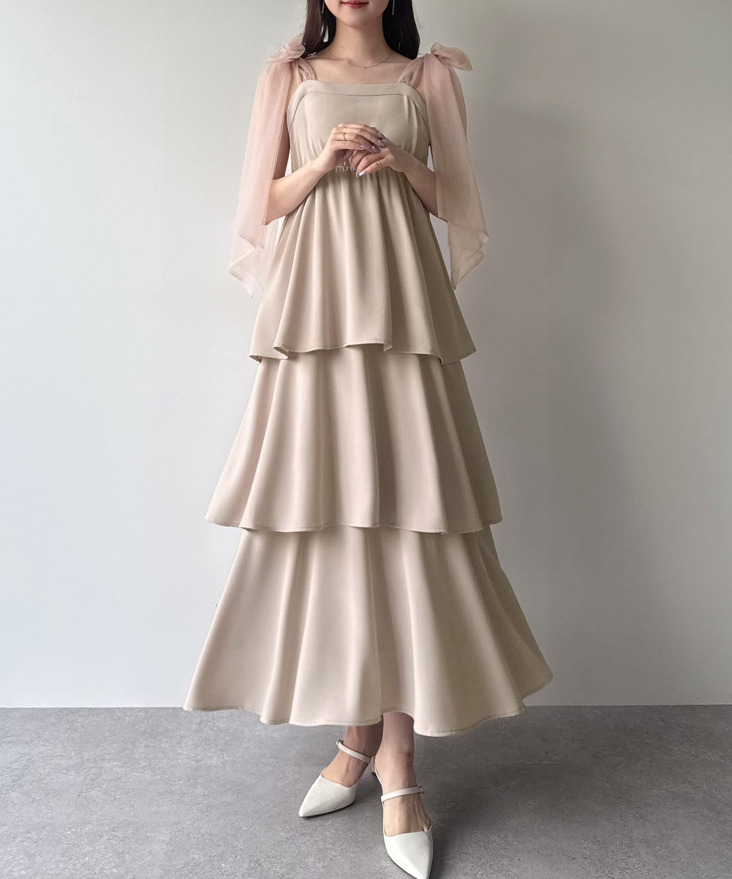 【ジュノア/JUNOAH】のmipiarl チュールリボンティアードキャミワンピース インテリア・キッズ・メンズ・レディースファッション・服の通販 founy(ファニー) 　ファッション　Fashion　レディースファッション　WOMEN　ワンピース　Dress　キャミワンピース　No Sleeve Dresses　チュール　Tulle　ピンクベージュ|ID: prp329100004516738 ipo3291000000031919447