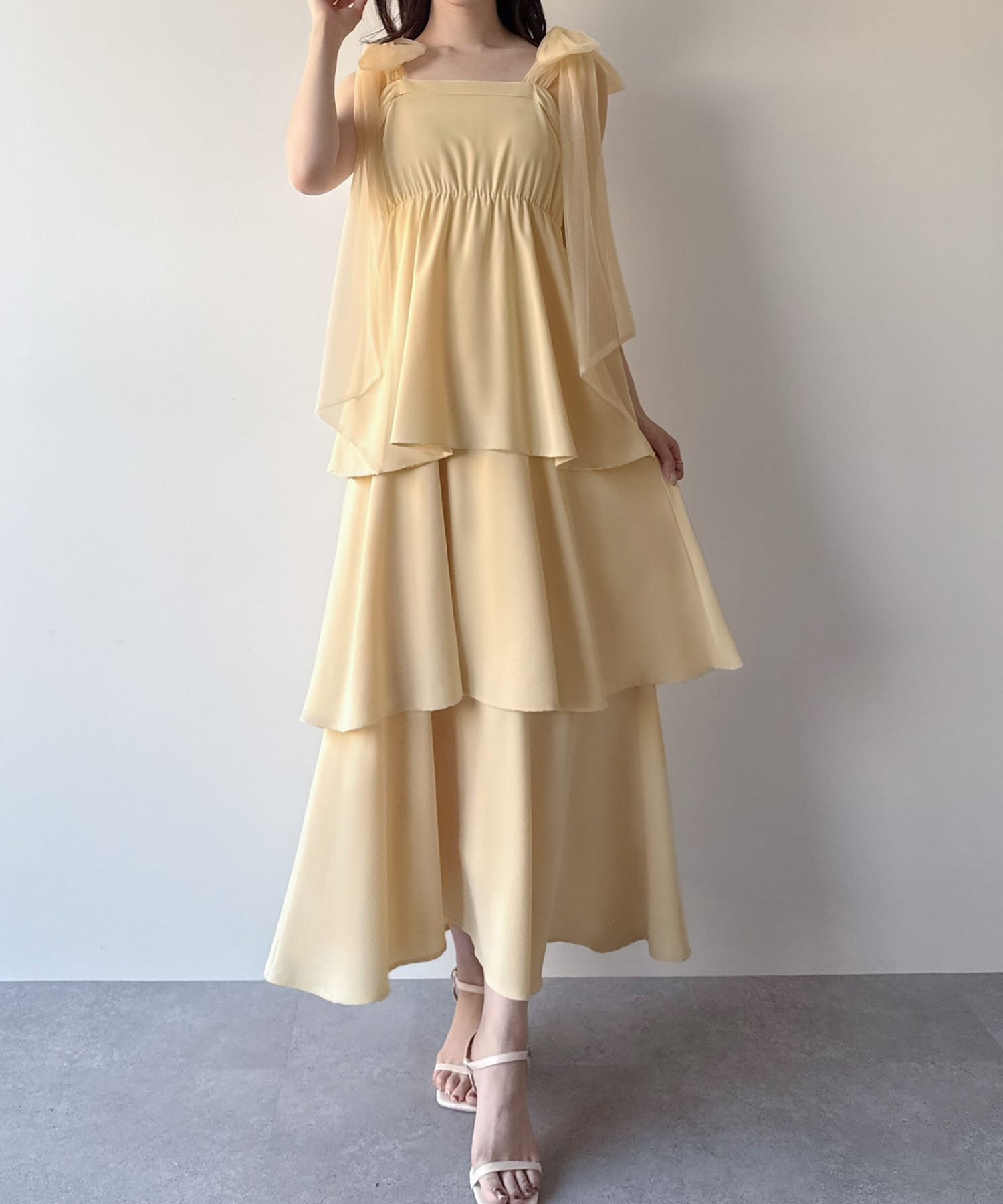 【ジュノア/JUNOAH】のmipiarl チュールリボンティアードキャミワンピース インテリア・キッズ・メンズ・レディースファッション・服の通販 founy(ファニー) 　ファッション　Fashion　レディースファッション　WOMEN　ワンピース　Dress　キャミワンピース　No Sleeve Dresses　チュール　Tulle　イエロー|ID: prp329100004516738 ipo3291000000031919451