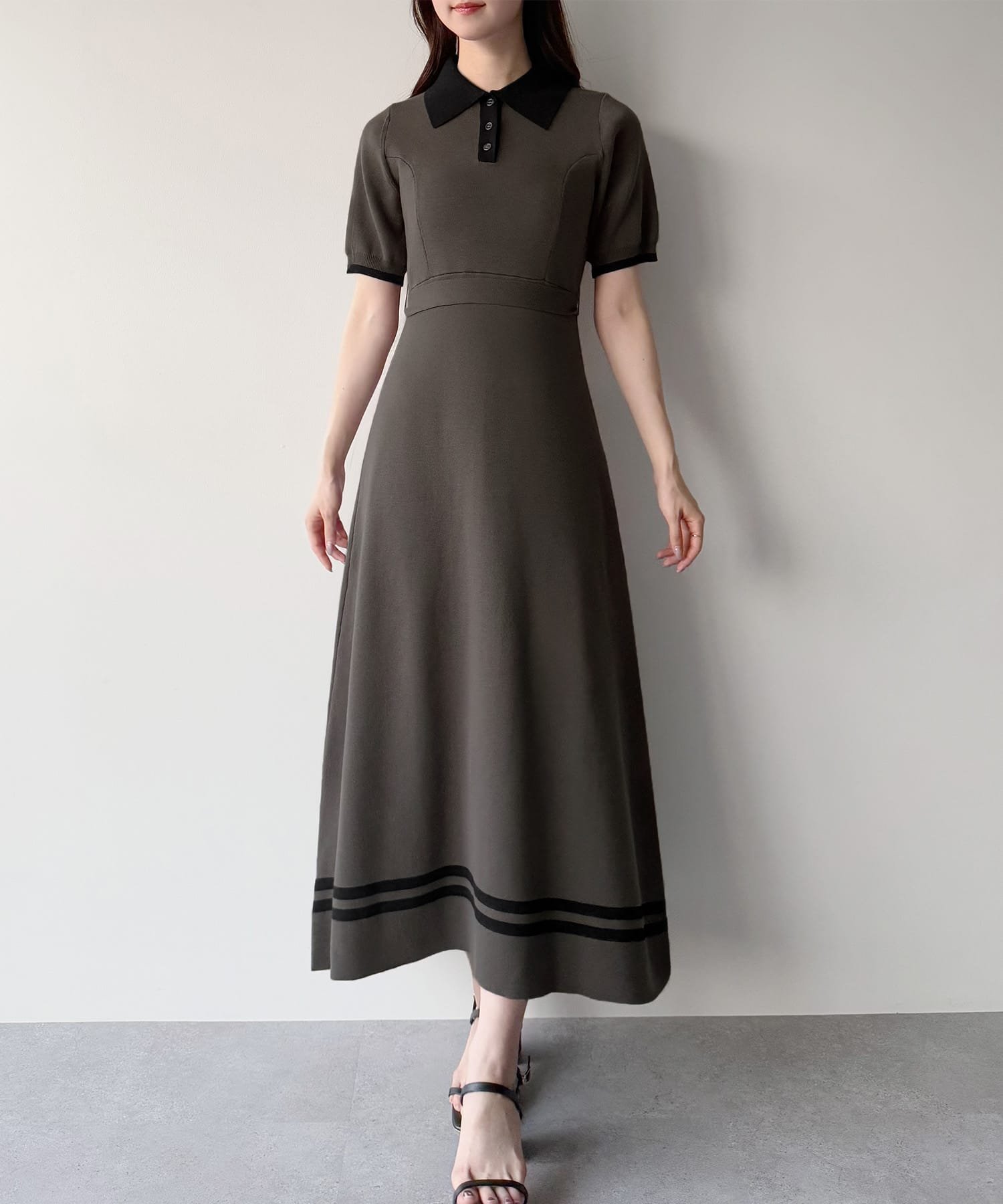【ジュノア/JUNOAH】のmipiarl リボン付きポロニットセミフレアワンピース【一部ペチスカートセット】 インテリア・キッズ・メンズ・レディースファッション・服の通販 founy(ファニー) 　ファッション　Fashion　レディースファッション　WOMEN　スカート　Skirt　リボン　Ribbon　チャコール|ID: prp329100004516743 ipo3291000000031919504