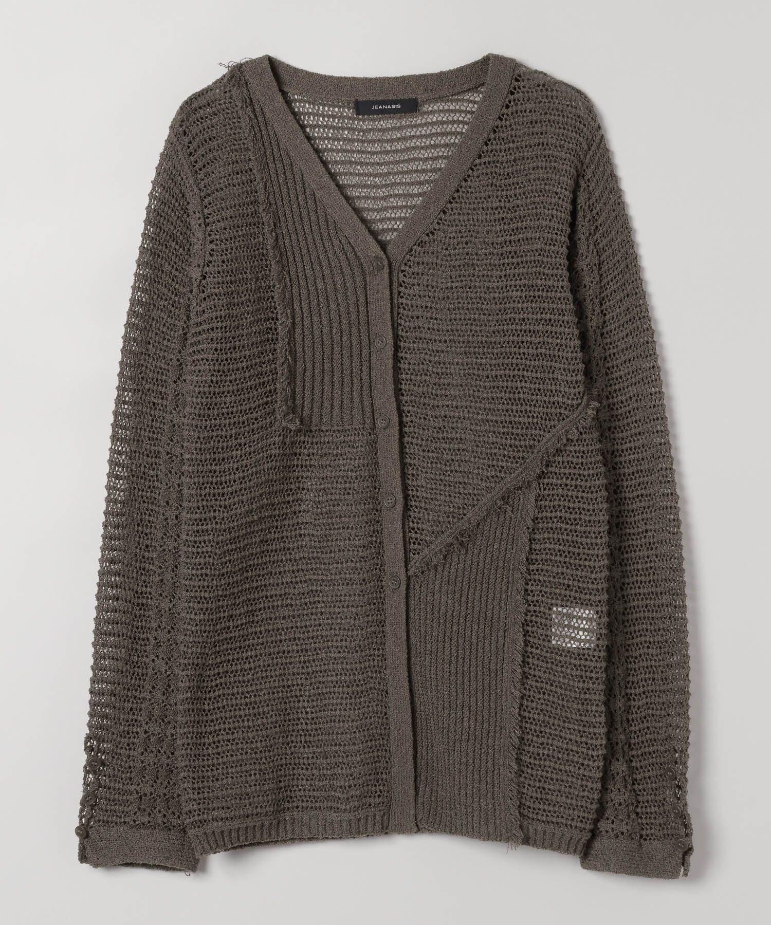 【ジーナシス/JEANASiS】のパッチワークメッシュVカーディガン インテリア・キッズ・メンズ・レディースファッション・服の通販 founy(ファニー) 　ファッション　Fashion　レディースファッション　WOMEN　トップス・カットソー　Tops/Tshirt　カーディガン　Cardigans　おすすめ　Recommend　カーディガン　Cardigan　デニム　Denim　トレンド　Trend　パッチワーク　Patchwork　フリンジ　Fringe　ボトム　Bottom　メッシュ　Mesh　春　Spring　カーキブラウン|ID: prp329100004517364 ipo3291000000031998560