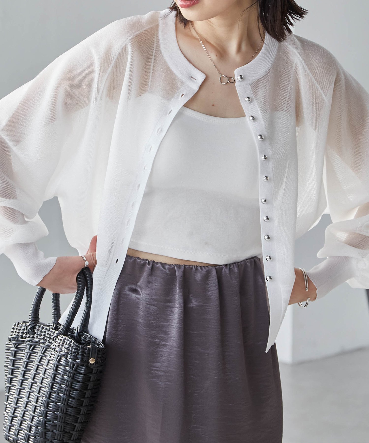 【ラナン/Ranan】のRANAN/シルバーボタンシアーニットカーデ インテリア・キッズ・メンズ・レディースファッション・服の通販 founy(ファニー) 　ファッション　Fashion　レディースファッション　WOMEN　トップス・カットソー　Tops/Tshirt　ニット　Knit Tops　おすすめ　Recommend　インナー　Inner　カーディガン　Cardigan　キャミワンピース　Cami Dress　コンパクト　Compact　シルバー　Silver　デニム　Denim　トレンド　Trend　バランス　Balance　フロント　Front　ボトム　Bottom　ポケット　Pocket　夏　Summer　ホワイト|ID: prp329100004518406 ipo3291000000032290210