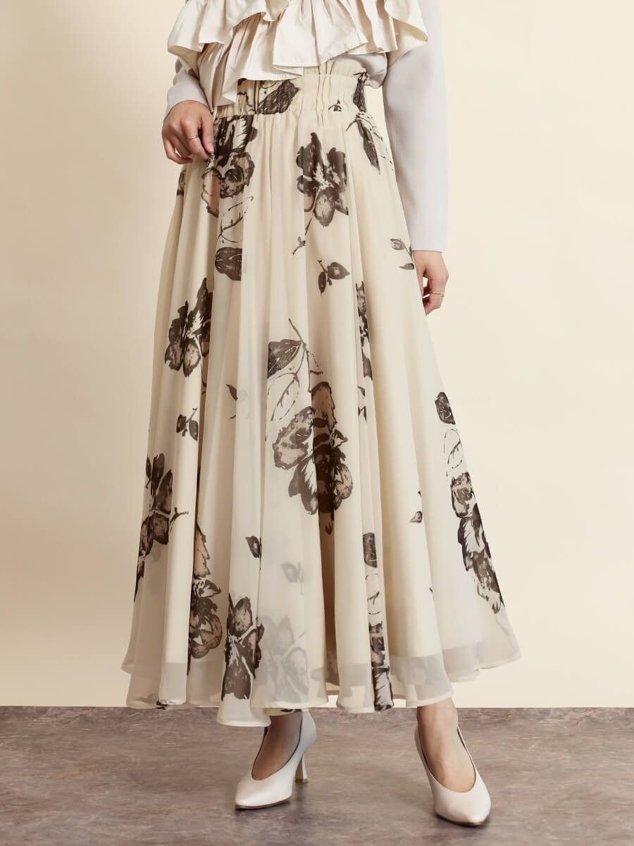 【ヴァン/Vin】のフラワープリントシフォンフレアスカート インテリア・キッズ・メンズ・レディースファッション・服の通販 founy(ファニー) 　ファッション　Fashion　レディースファッション　Fashion for Women　スカート　Skirts　Aライン・フレアスカート　A-Line & Flared Skirts　シフォン　Chiffon, Lightweight Fabric　フラワー　Flower, Floral　フレア　Flare, Flared　プリント　Print, Printed Pattern　エレガント 上品　Elegant　人気　Popular, Best Seller　アイボリー|ID: prp329100004519114 ipo3291000000032636382