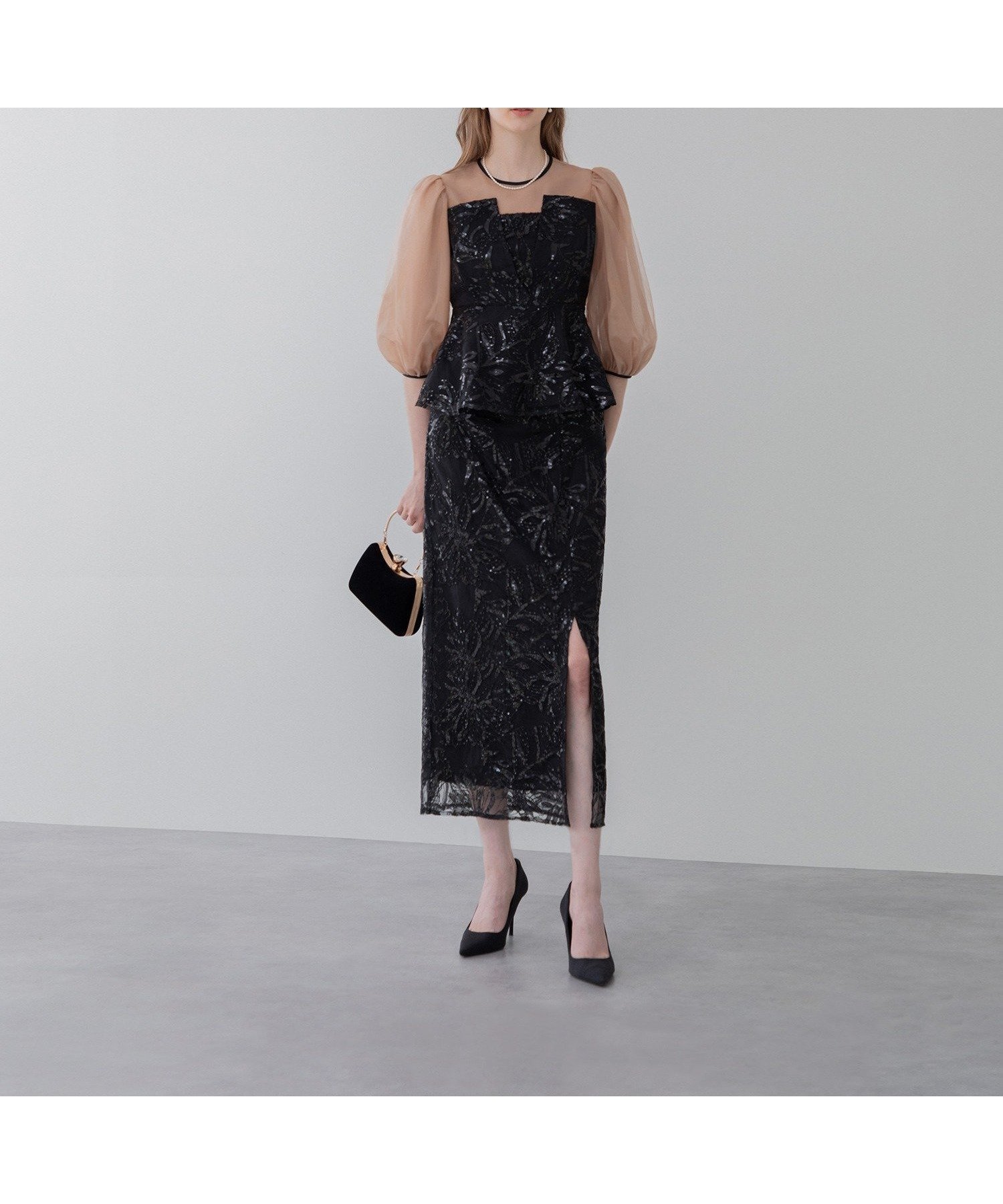 【その他のブランド/Other】のシアーパフスリーブペプラムスパンコール花柄Iラインドレス 人気、トレンドファッション・服の通販 founy(ファニー) 　ファッション　Fashion　レディースファッション　WOMEN　ワンピース　Dress　ドレス　Party Dresses　エレガント 上品　Elegant　オケージョン　Occasion　スパンコール　Sequins　スリット　Slit　ドレス　Dress　フォーマル　Formal　フロント　Front　ペプラム　Peplum　二次会　Wedding Party　披露宴　Wedding Reception　結婚式　Wedding Ceremony　 other-1|ID: prp329100004519221 ipo3291000000031946219