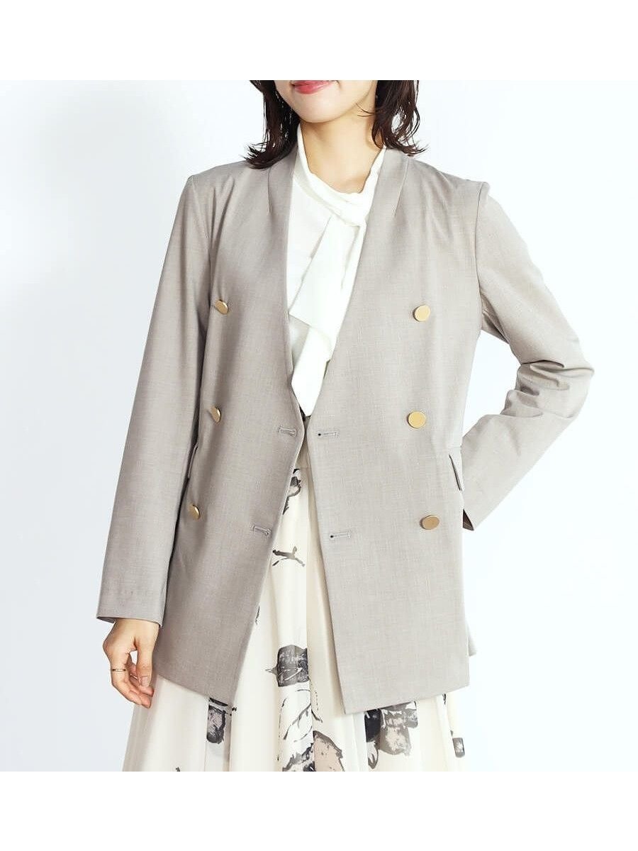 【ヴァン/Vin】のノーカラーダブルジャケット インテリア・キッズ・メンズ・レディースファッション・服の通販 founy(ファニー) 　ファッション　Fashion　レディースファッション　Fashion for Women　アウター　Coat / Outerwear Collection　レディースジャケット・軽アウター　Jackets　おすすめ　Recommended / Our Picks　カットソー　Cut and Sewn Top　ジャケット　Jacket, Outerwear　ダブル　Double, Double-Breasted　デニム　Denim, Jeans Material　ベーシック　Basic, Essential　マニッシュ　Mannish, Boyish　ビジネス 仕事 通勤　Business / Work / Commuting　杢ベージュ|ID: prp329100004519574 ipo3291000000032449350
