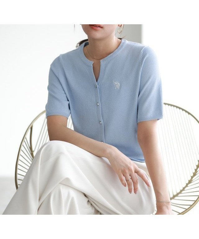 【ピエロ/Pierrot】の【U.S.POLO ASSN.】キーネックデザインカーディガン インテリア・キッズ・メンズ・レディースファッション・服の通販 founy(ファニー) 　ファッション　Fashion　レディースファッション　WOMEN　トップス・カットソー　Tops/Tshirt　カーディガン　Cardigans　シンプル　Simple　夏　Summer　ライトブルー×オフホワイト|ID: prp329100004520226 ipo3291000000031959129