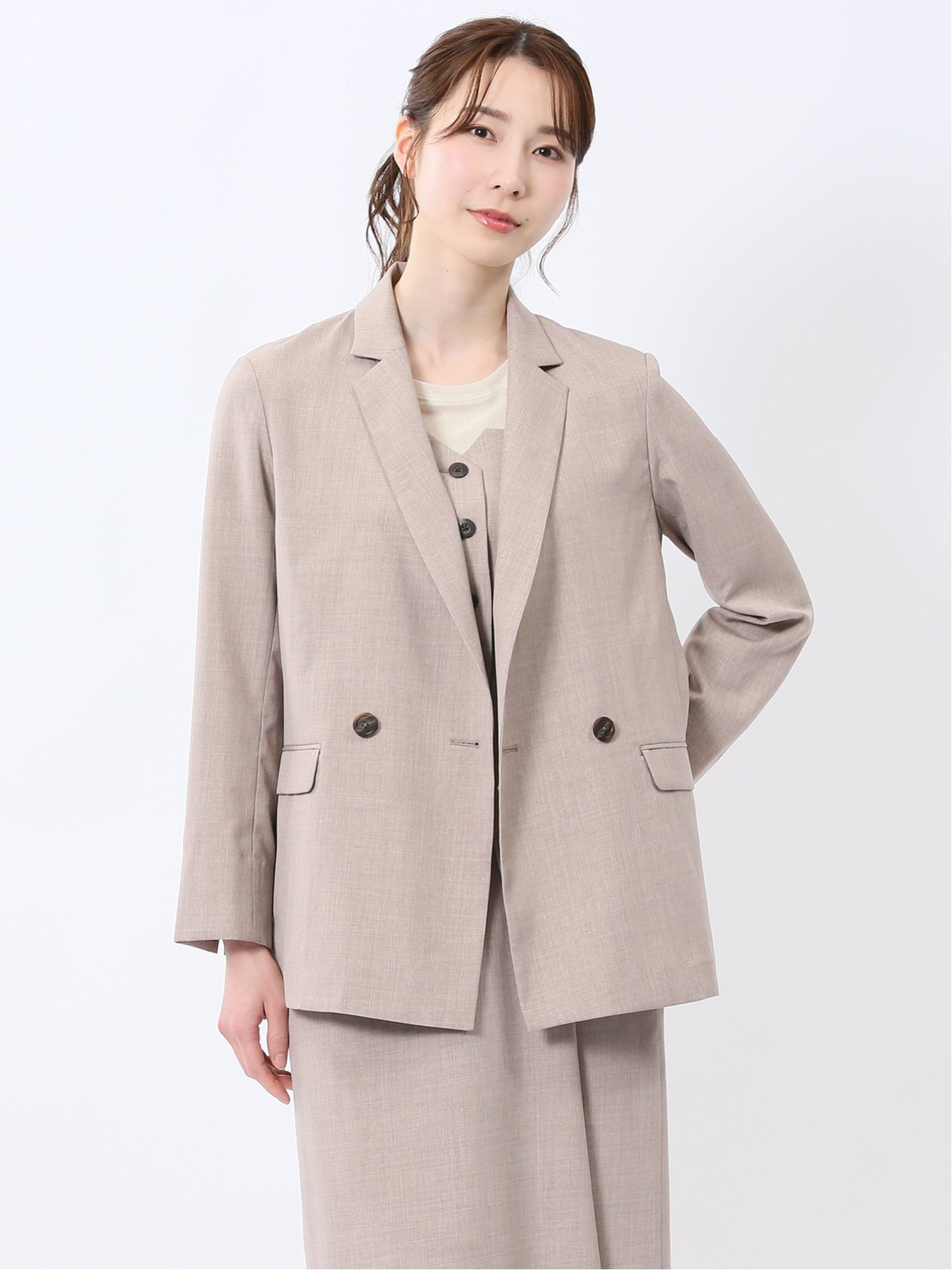 【タカキュー/TAKA-Q】の杢調 ダブルジャケット ベージュ(セットアップ可能) 人気、トレンドファッション・服の通販 founy(ファニー) 　ファッション　Fashion　レディースファッション　WOMEN　アウター　Coat Outerwear　ジャケット　Jackets　クラシック　Classic　シンプル　Simple　ジャケット　Jacket　セットアップ　Set Up　ダブル　Double　フラップ　Flap　ベーシック　Basic　ポケット　Pocket　夏　Summer　洗える　Washable　 other-1|ID: prp329100004520310 ipo3291000000031960618