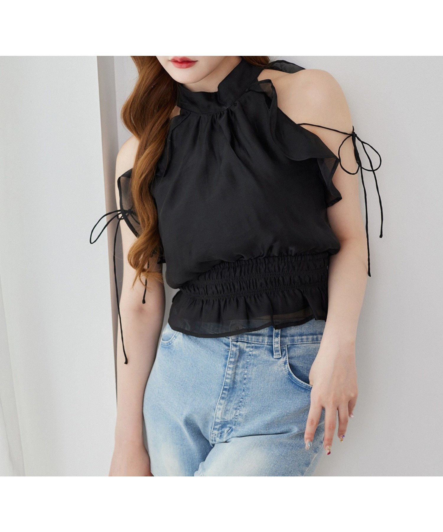 【ナイスクラップ/NICE CLAUP】のバックリボンアメスリブラウス 人気、トレンドファッション・服の通販 founy(ファニー) 　ファッション　Fashion　レディースファッション　Ladies' Fashion Online　トップス・カットソー　Tops/Tshirt　シャツ/ブラウス　Shirts/Blouses　2025年　2025　2025春夏・S/S　Ss,Spring/Summer,2025　おすすめ　Recommend　ガーリー　Girly　デニム　Denim　トレンド　Trend　ノースリーブ　No Sleeve　フェミニン　Feminine　フリル　Frills　ペプラム　Peplum　ミュール　Mule　リボン　Ribbon　夏　Summer　 other-1|ID: prp329100004520908 ipo3291000000032626911