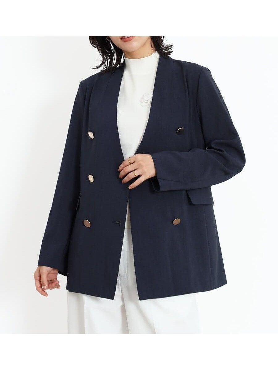 【ヴァン/Vin】のノーカラーダブルジャケット インテリア・キッズ・メンズ・レディースファッション・服の通販 founy(ファニー) 　ファッション　Fashion　レディースファッション　Fashion for Women　アウター　Coat / Outerwear Collection　レディースジャケット・軽アウター　Jackets　おすすめ　Recommended / Our Picks　ジャケット　Jacket, Outerwear　ジーンズ　Jeans, Denim Pants　ダブル　Double, Double-Breasted　ミドル　Middle Length, Mid Height　メタル　Metal, Metal Parts　ネイビー|ID: prp329100004522093 ipo3291000000032449557