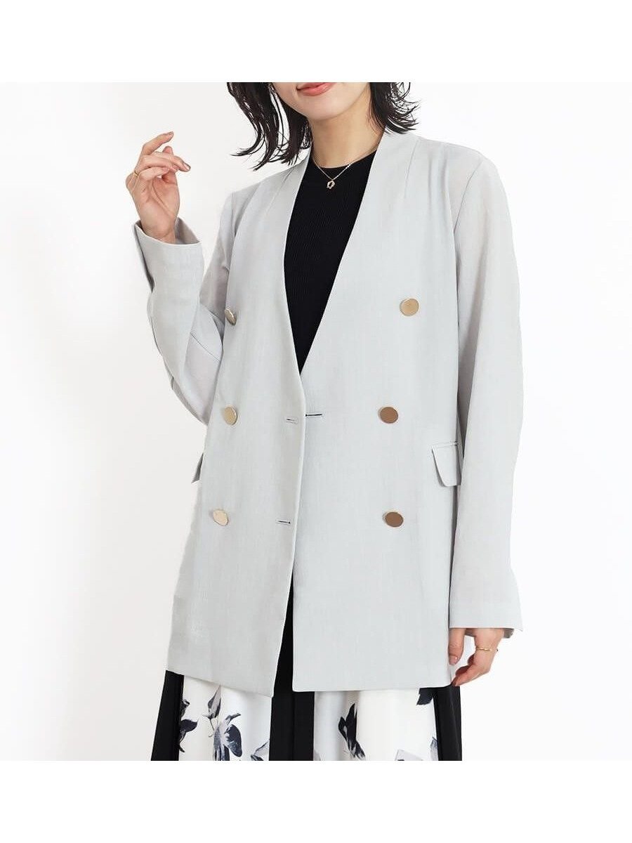 【ヴァン/Vin】のノーカラーダブルジャケット インテリア・キッズ・メンズ・レディースファッション・服の通販 founy(ファニー) 　ファッション　Fashion　レディースファッション　Fashion for Women　アウター　Coat / Outerwear Collection　レディースジャケット・軽アウター　Jackets　おすすめ　Recommended / Our Picks　ジャケット　Jacket, Outerwear　ジーンズ　Jeans, Denim Pants　ダブル　Double, Double-Breasted　ミドル　Middle Length, Mid Height　メタル　Metal, Metal Parts　ライトグレー|ID: prp329100004522093 ipo3291000000032449559